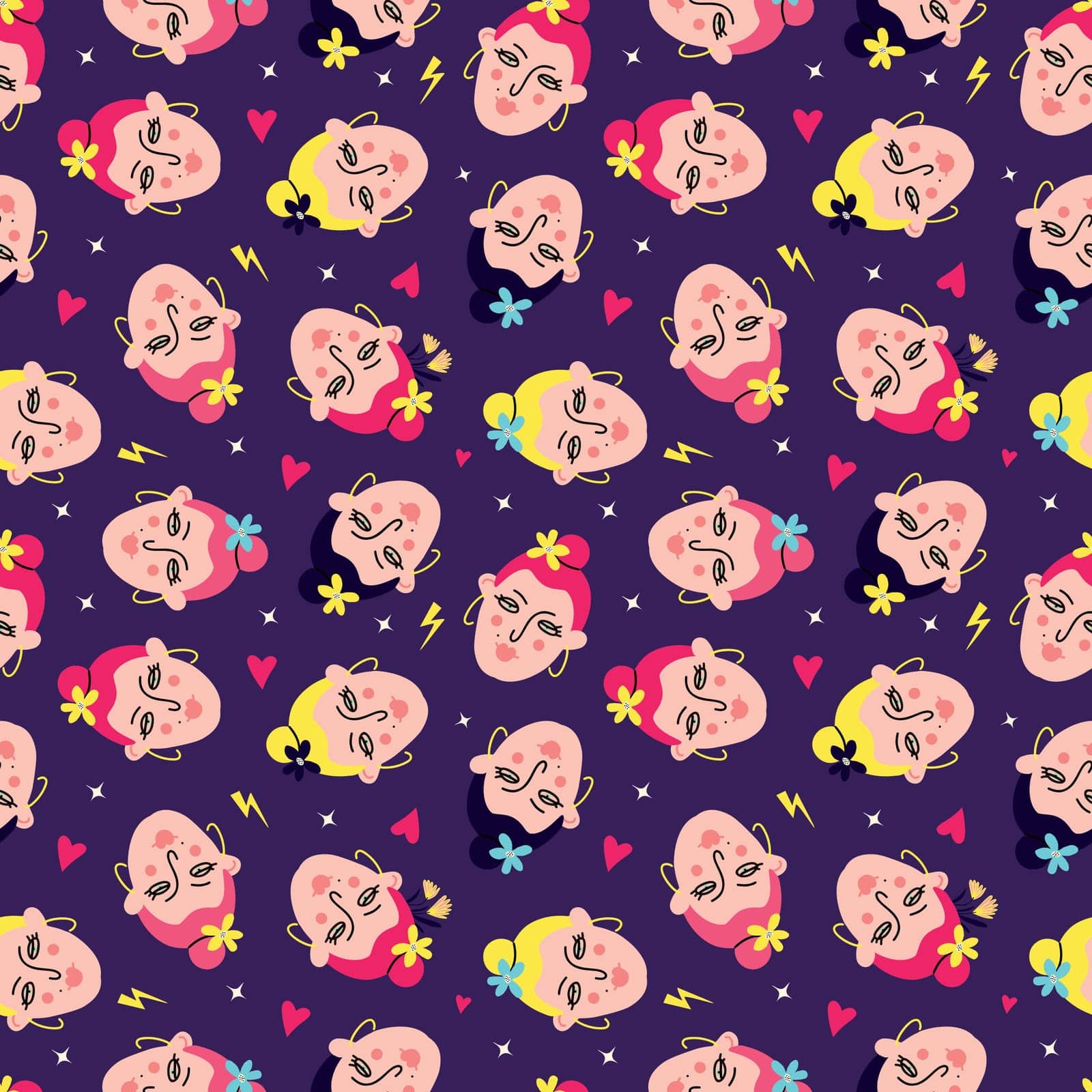 Bright pattern with comical funny girly faces, hearts and stars on a purple background