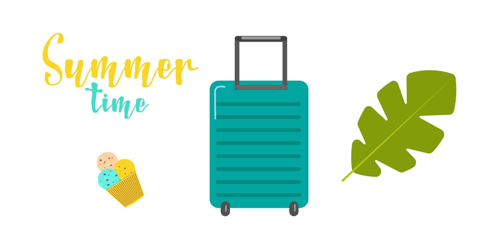 Set of summer elements, beach, summer accessory. Suitcase, palm leaves, ice cream and text, travel. Rest. Vector flat illustration.