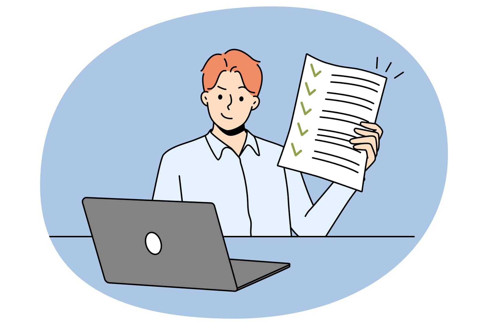 Happy man sitting at desk showing document with all tasks completed. Smiling businessman demonstrate filled form. Success and time management. Vector illustration.