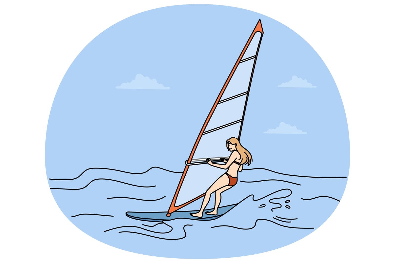 Woman in biking windsurfing in sea. Female have fun enjoy active extreme summer vacation. Vector illustration.