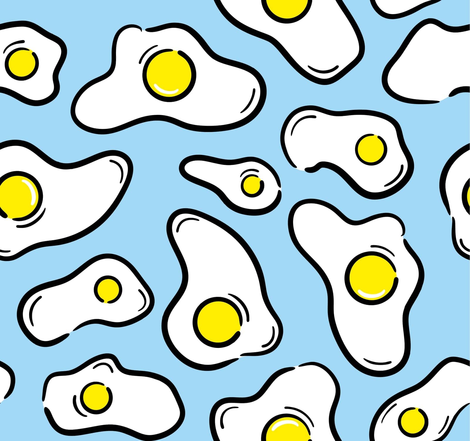 Fried eggs seamless pattern for morning breakfast. Food endless illustration on blue background.