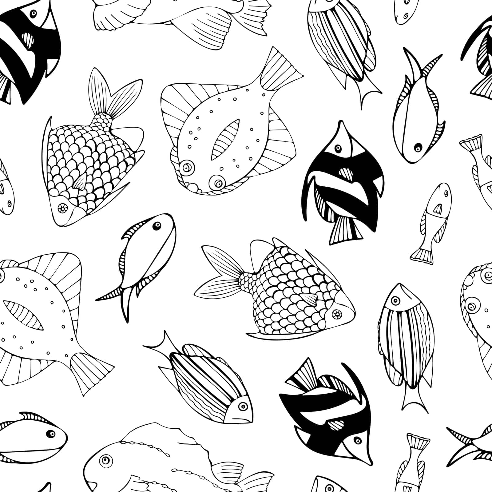 Seamless Pattern with Black Fish on White Background. by Rina_Dozornaya