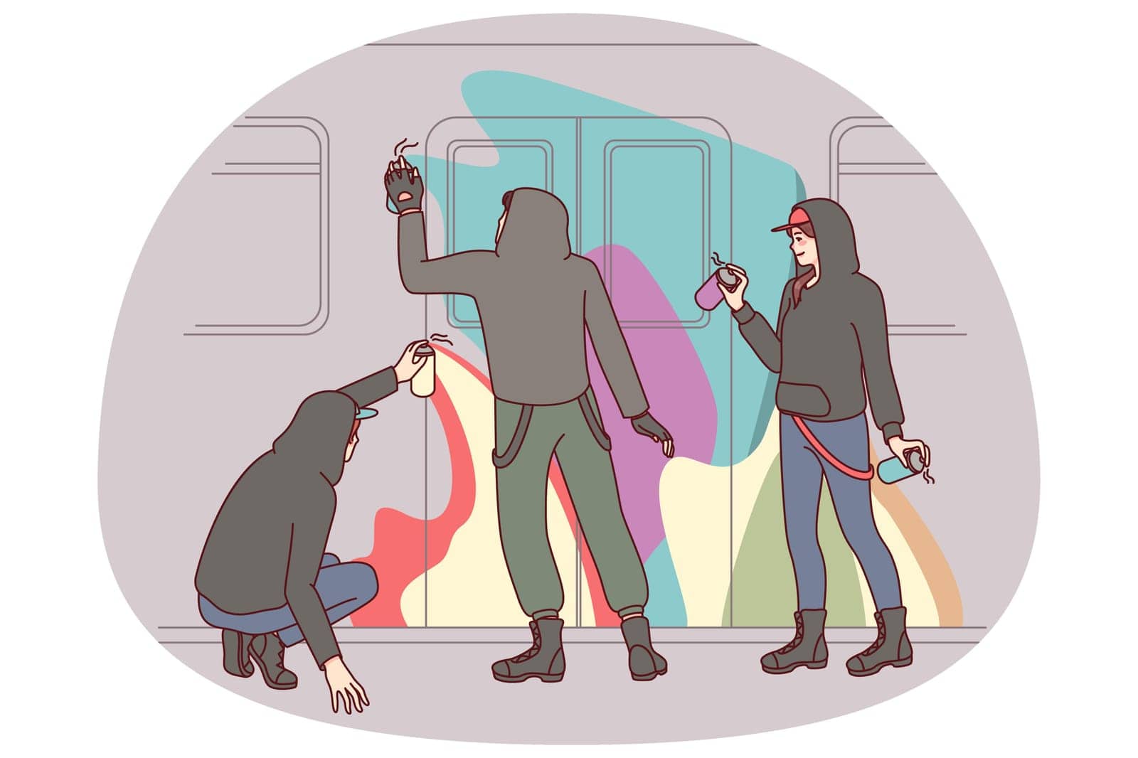 People painting subway train with graffiti. Vandals drawing subculture art with aerosol paints on train. Vandalism and sabotage concept. Vector illustration.