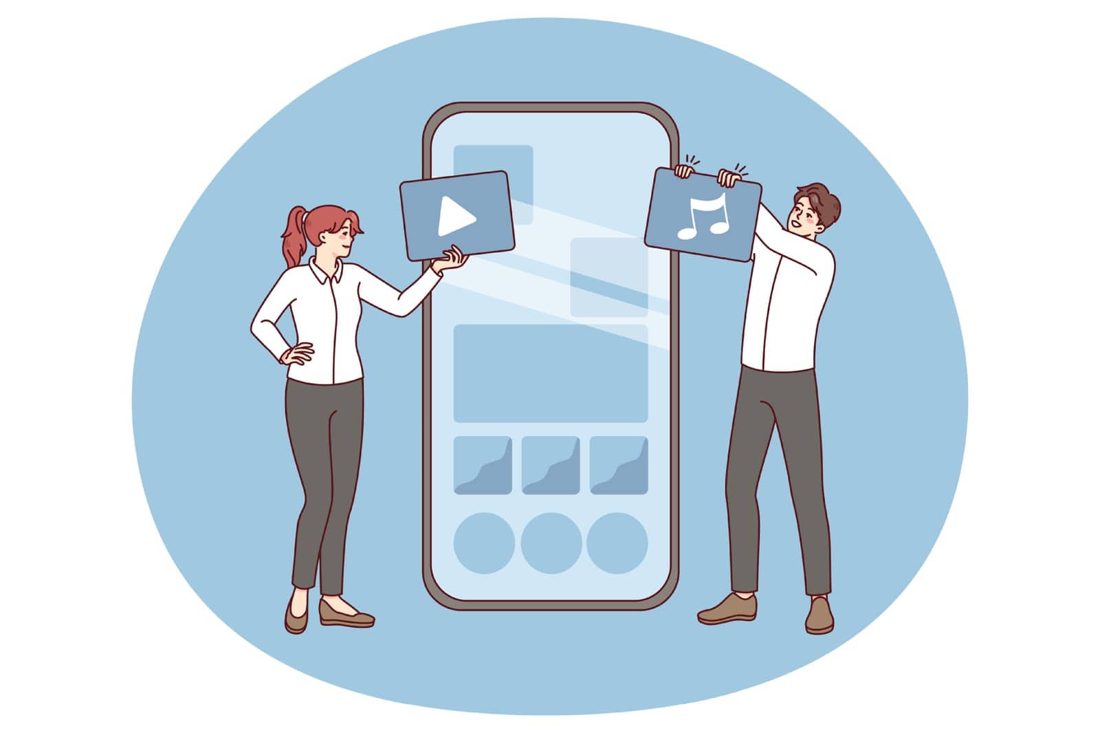 People working with widget on cellphone helping with application installation. Smartphone app and programs operation. Flat vector illustration.