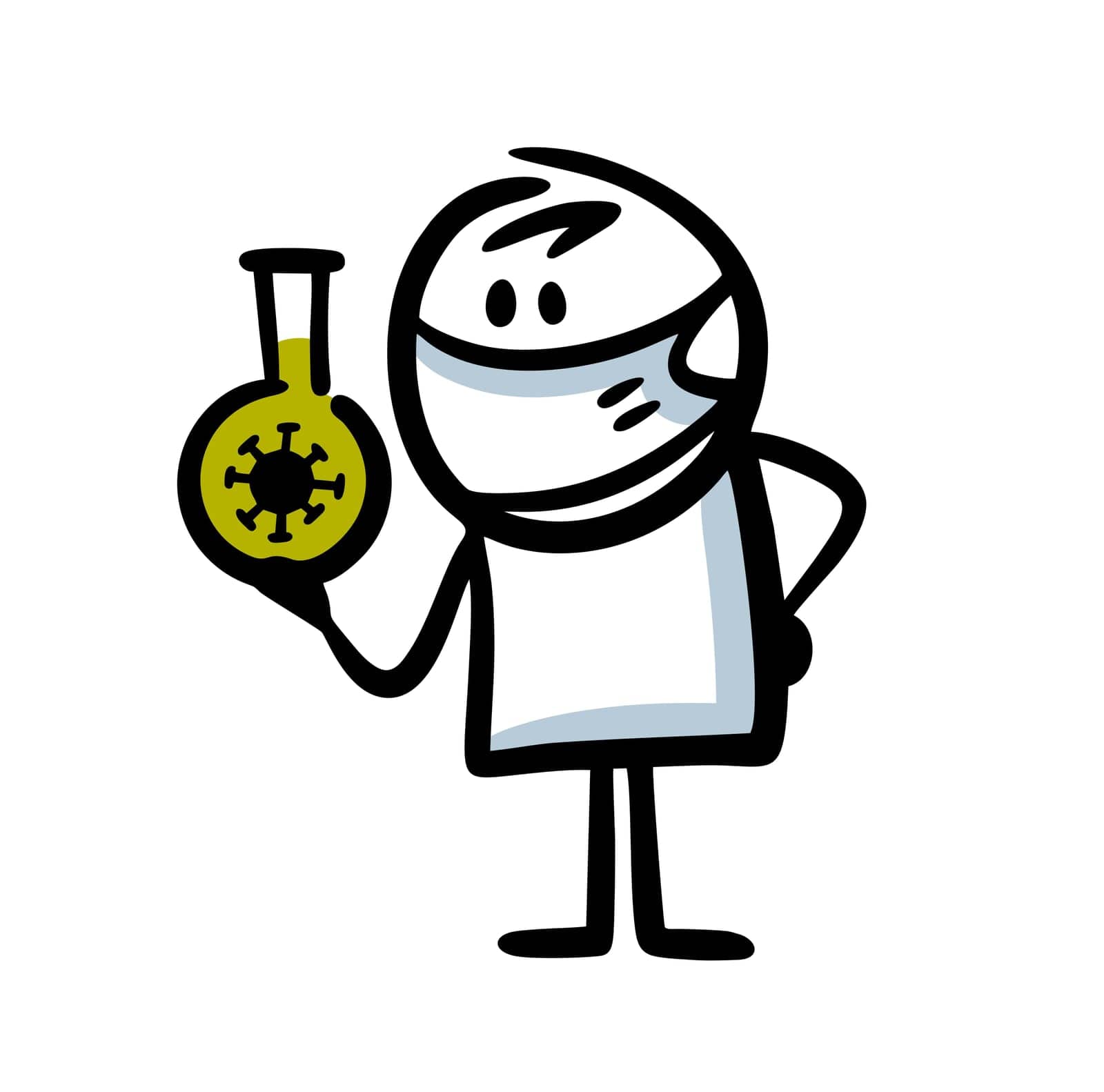 A masked scientist holds a transparent glass flask with a dangerous virus in his hand and thinks about protecting the epidemic. Vector illustration of medicine fight against covid.