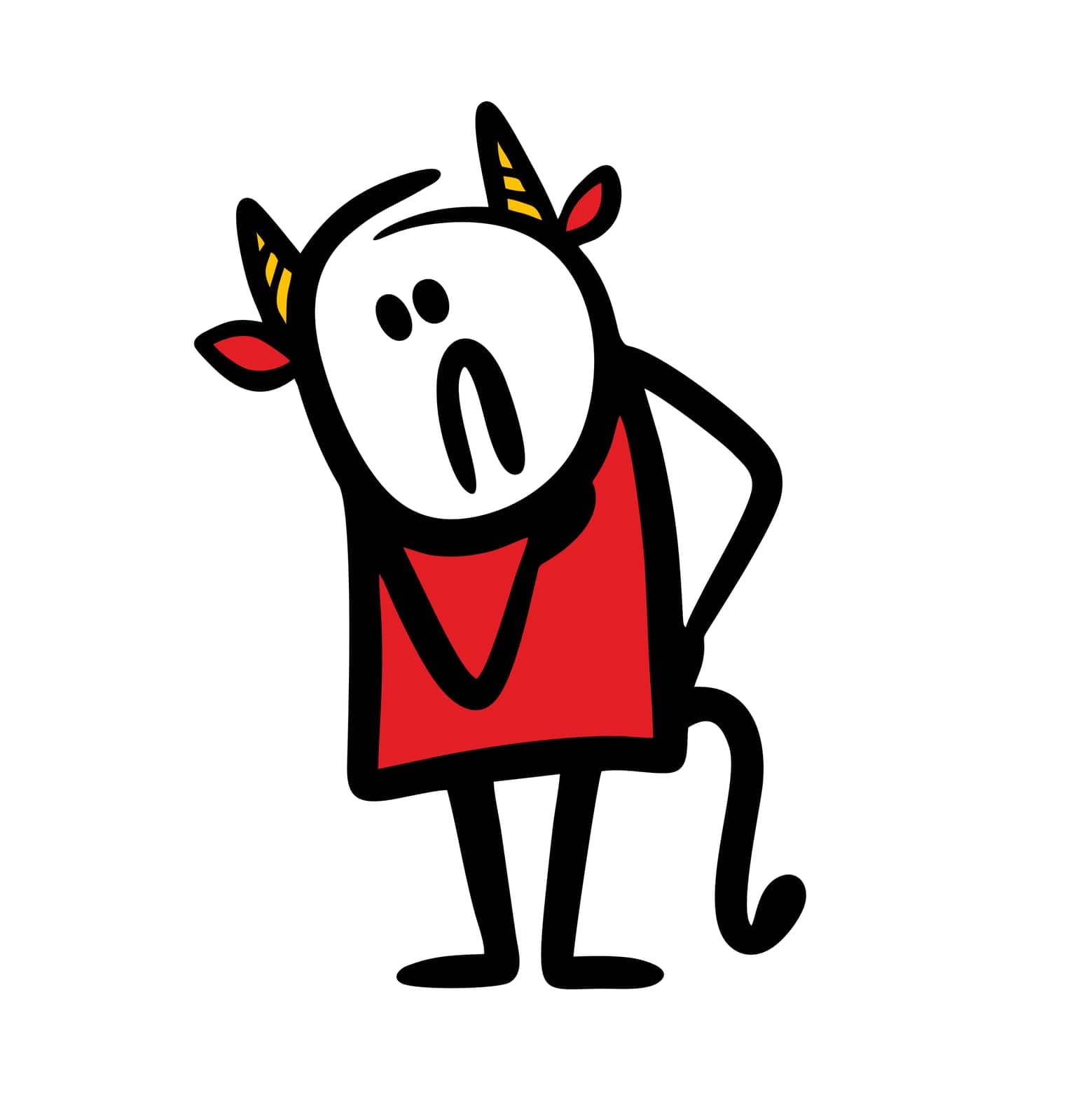 Brooding demon from hell with horns and a tail in red. Vector doodle stickman character.