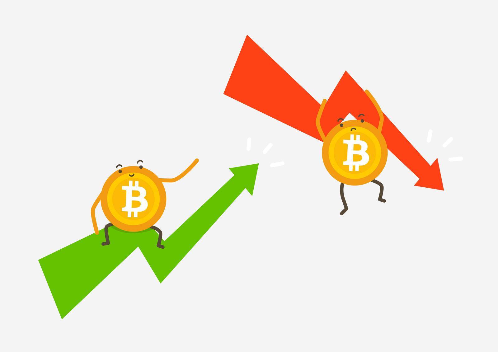 Bitcoin in bullish or bearish market trend in crypto currency. Green up or red down arrow graph. Cryptocurrency cartoon concept. by windawake