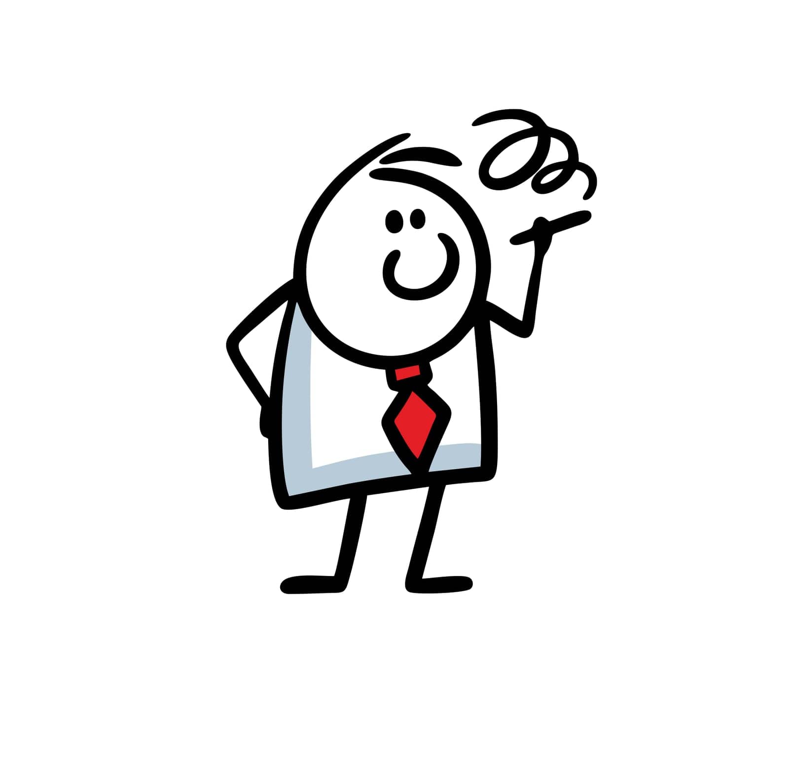 Doodle businessman in office suit smokes during break and has rest. Vector illustration of relaxing stick figure man after work.