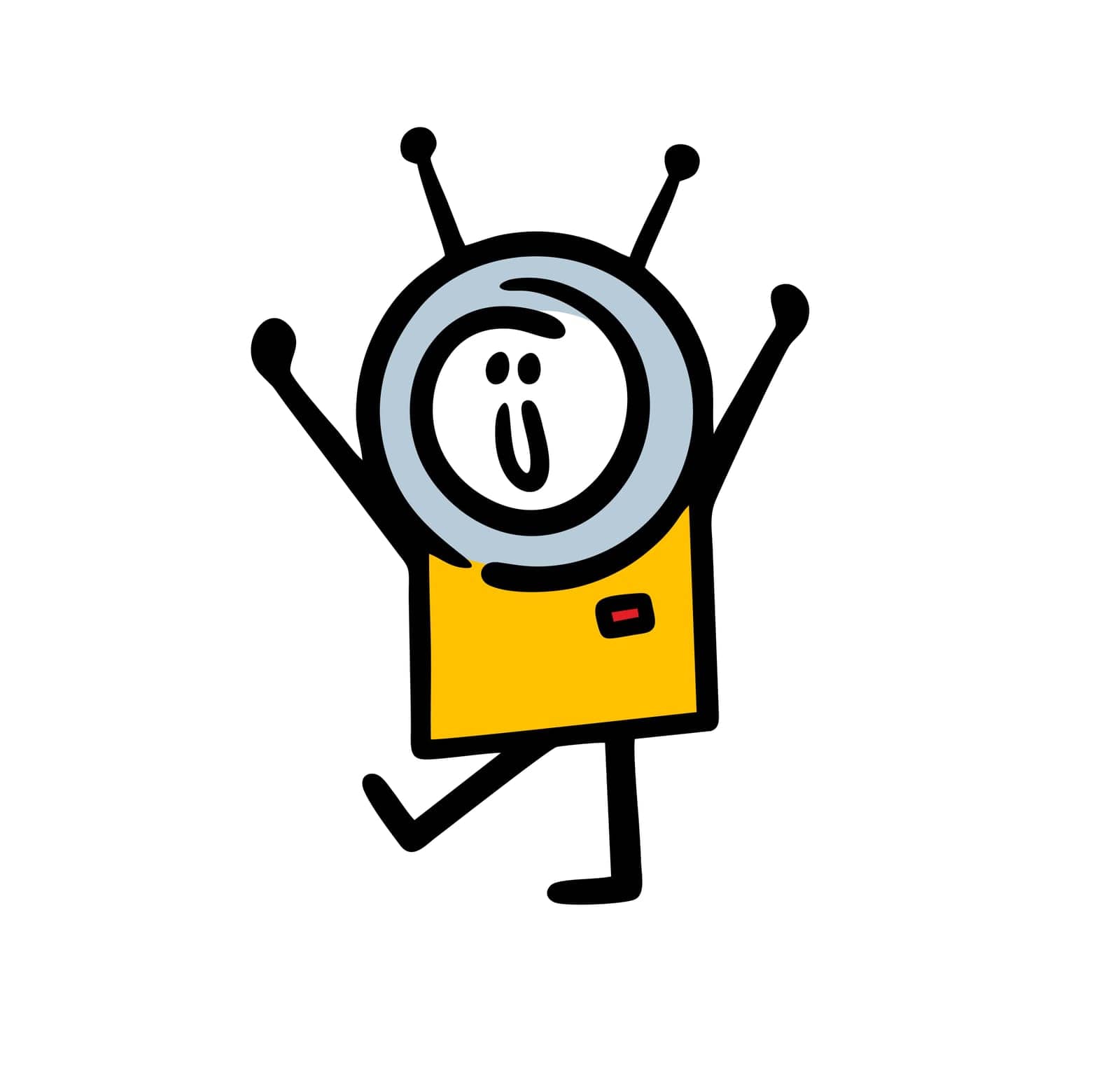 Stick figure astronaut in helmet with antenna and spacesuit walking on the planet. Vector illustration of happy stick figure boy on costume party.