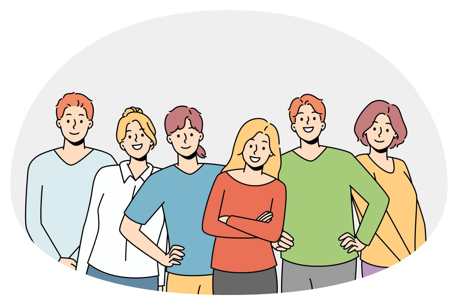 Diverse young people standing together showing friendship and support. Multiethnic youth group togetherness. Teamwork and cooperation. Vector illustration.