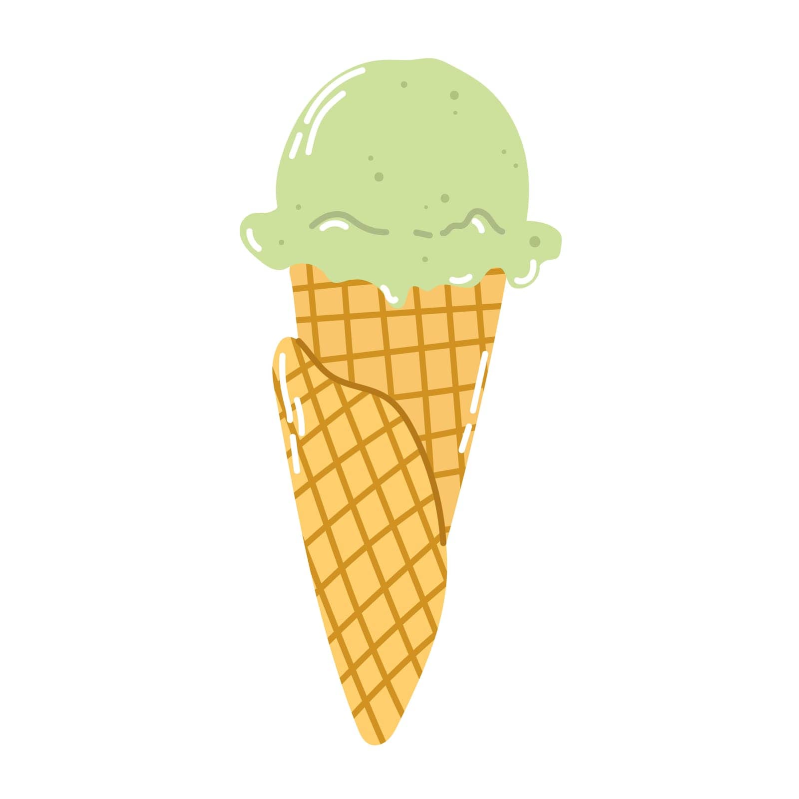 Isolated cartoon pistachio ice cream in a waffle cone in flat vector style on white background. Summer food.