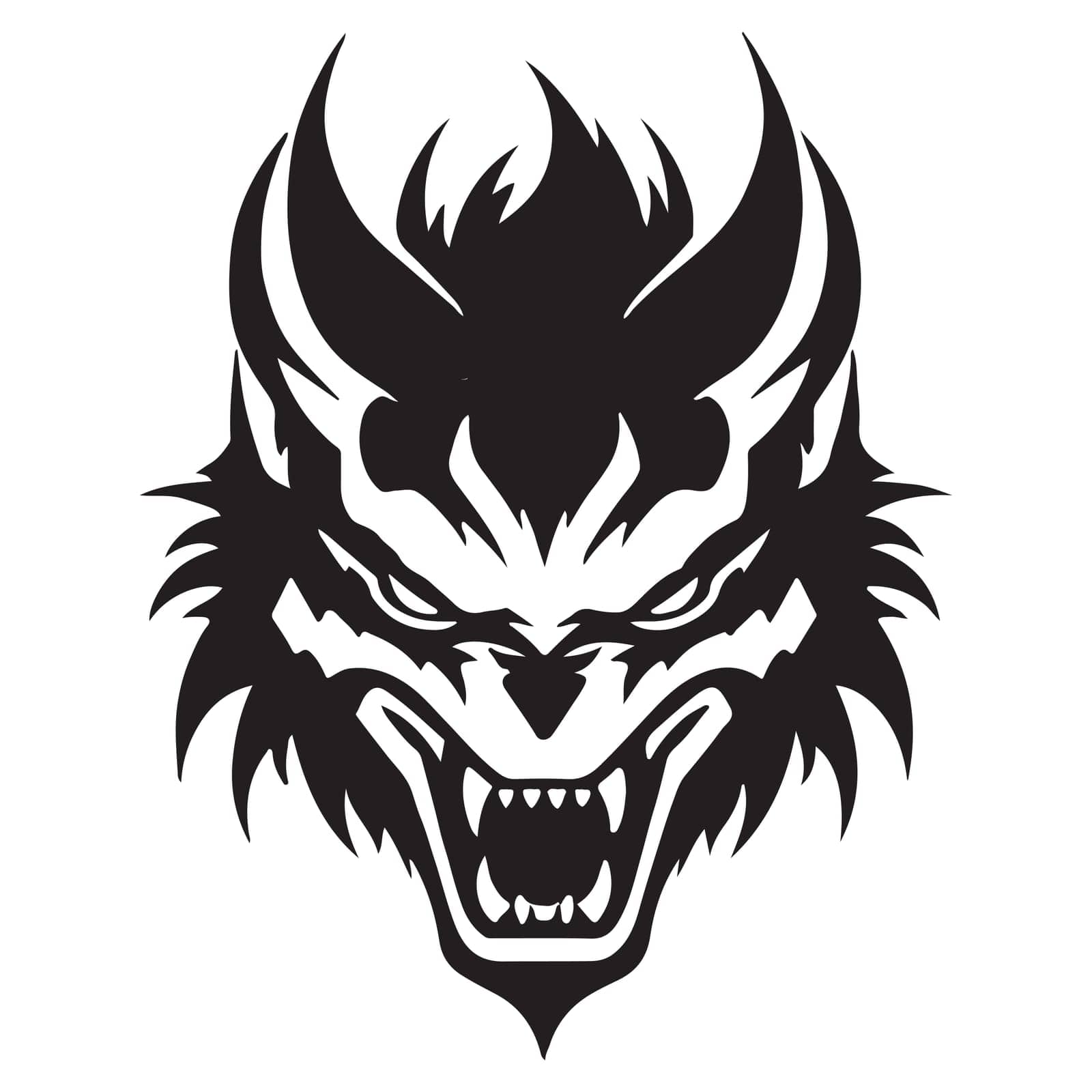 Black Minimalist Devil Wolf Head Tattoo or Logo Design. Vector Demon Mascott Illustration. Vector illustration