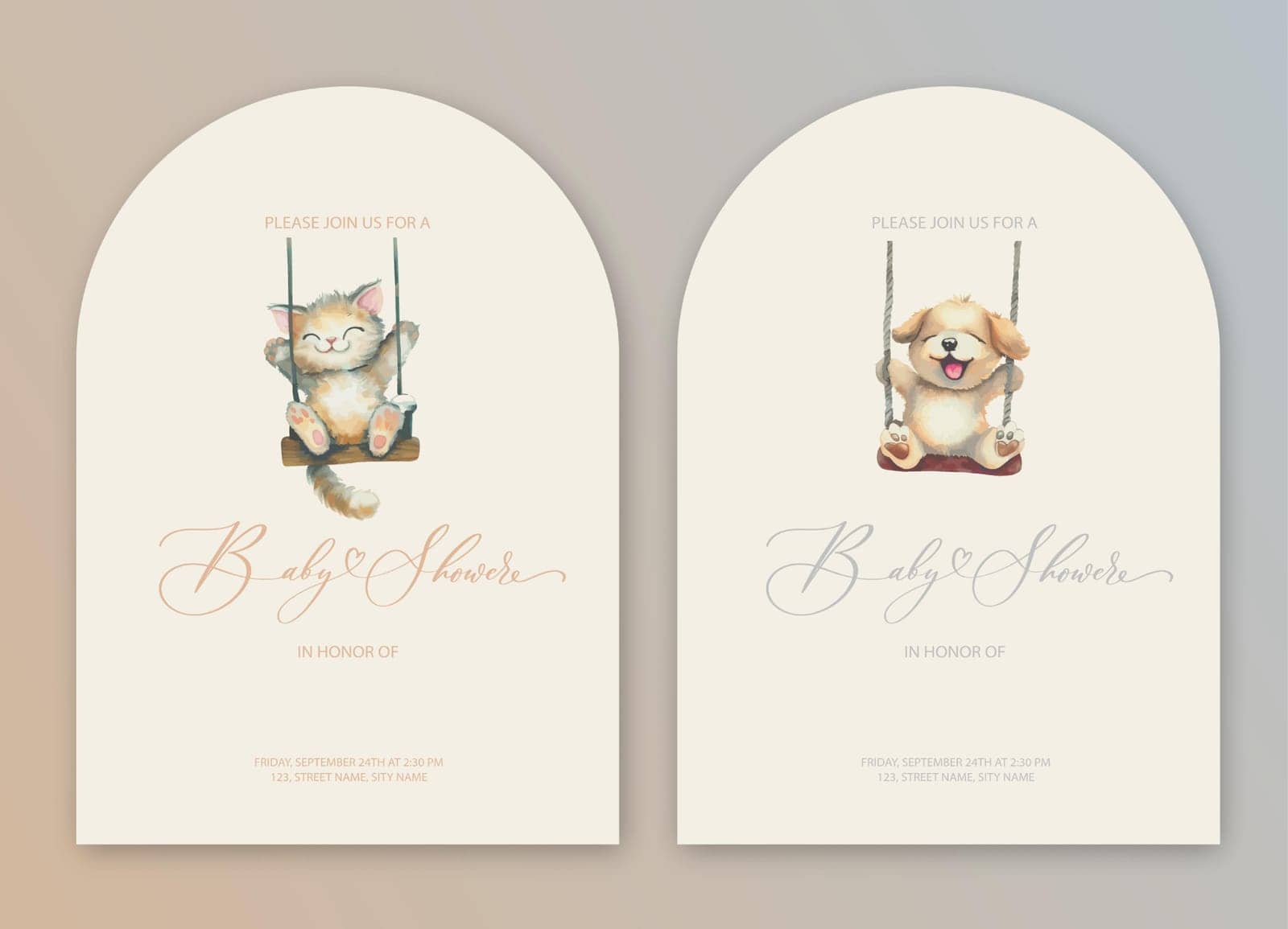 Cute baby shower watercolor invitation card for baby and kids new born celebration with kitty and dog. by ku4erashka