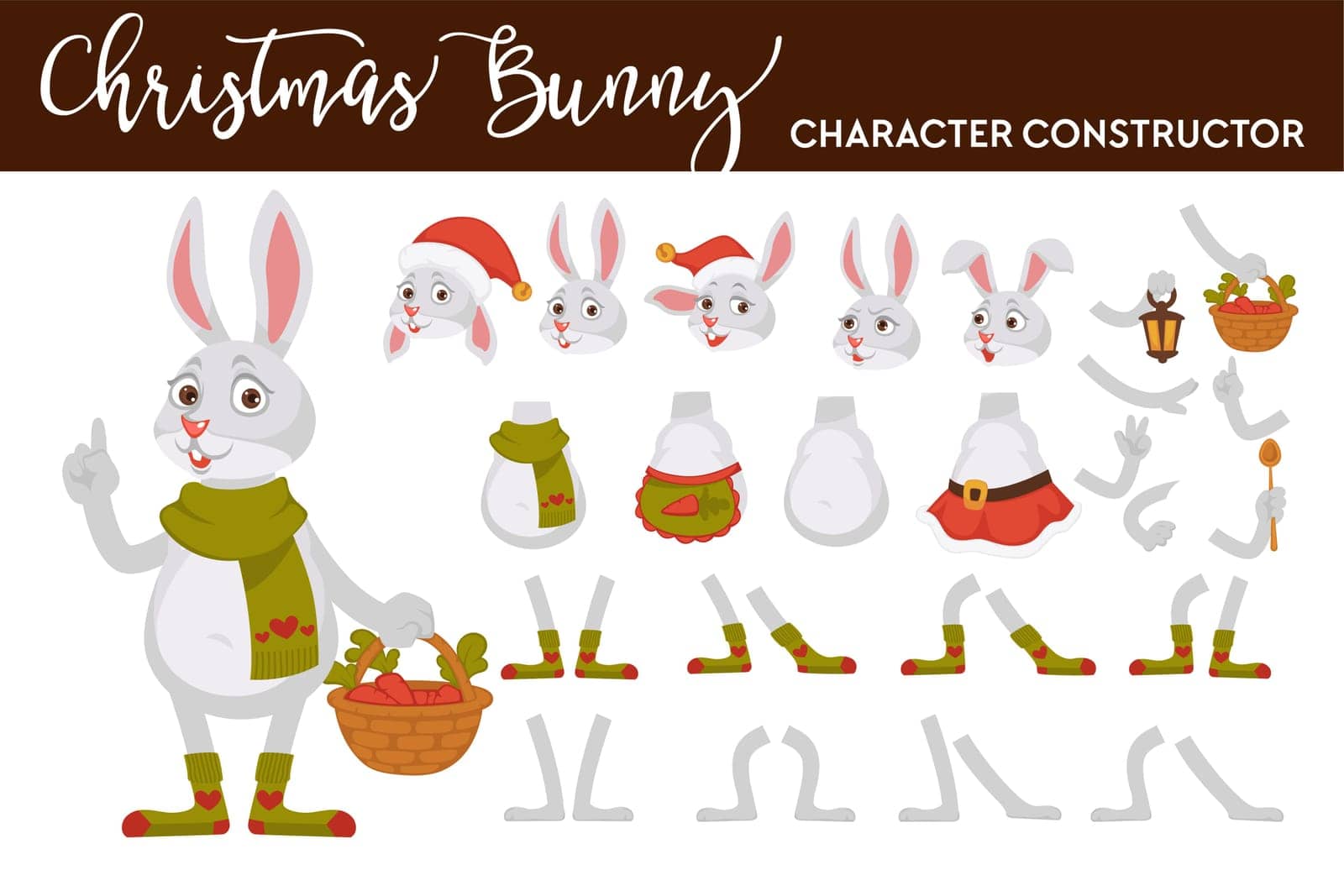 Christmas bunny character isolated body parts and accessory vector hare or rabbit with wicker basket and scarf head and paws clothes socks and carrots lantern and Santa hat spoon and apron or skirt.