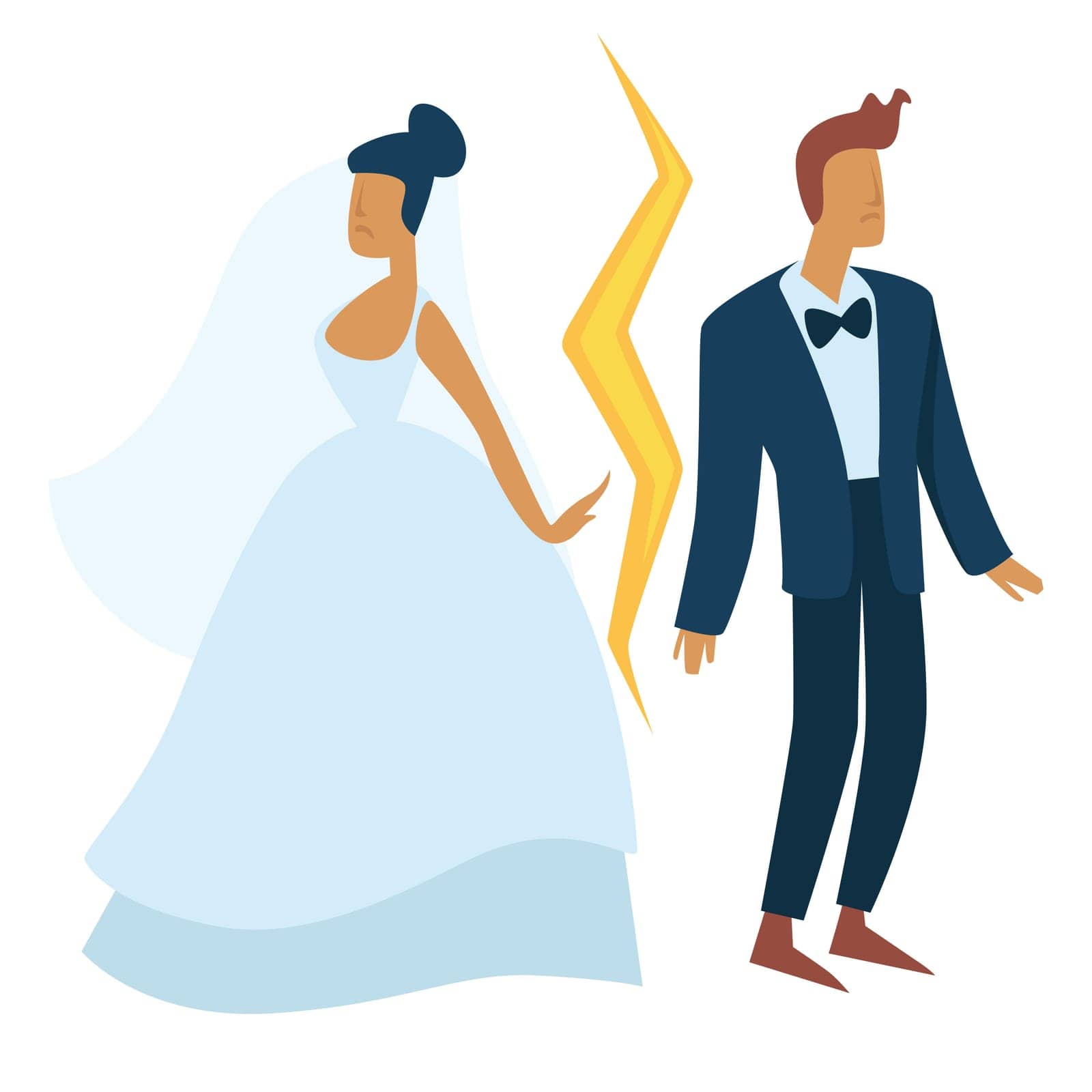 Wedding breakdown divorce and family separation bride and groom vector isolated characters woman, in white dress and man in suit or tuxedo marriage termination and separation love and relationship
