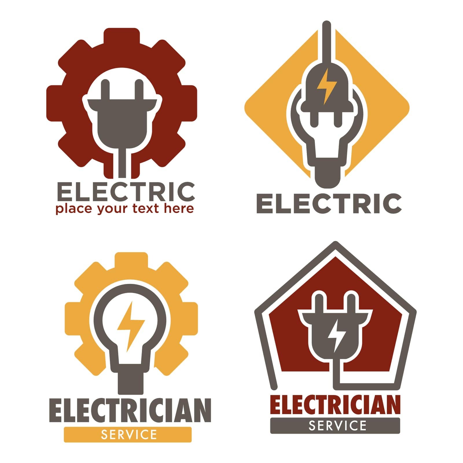 Electric repair and electrician service and works isolated icon vector plug and cogwheel thunder and light bulb, wiring and currency power technician or repairman equipment voltage energy supply