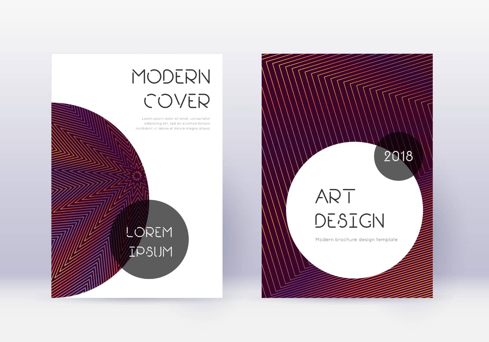Trendy cover design template set. Orange abstract lines on wine red background. Graceful cover design. Modern catalog, poster, book template etc.