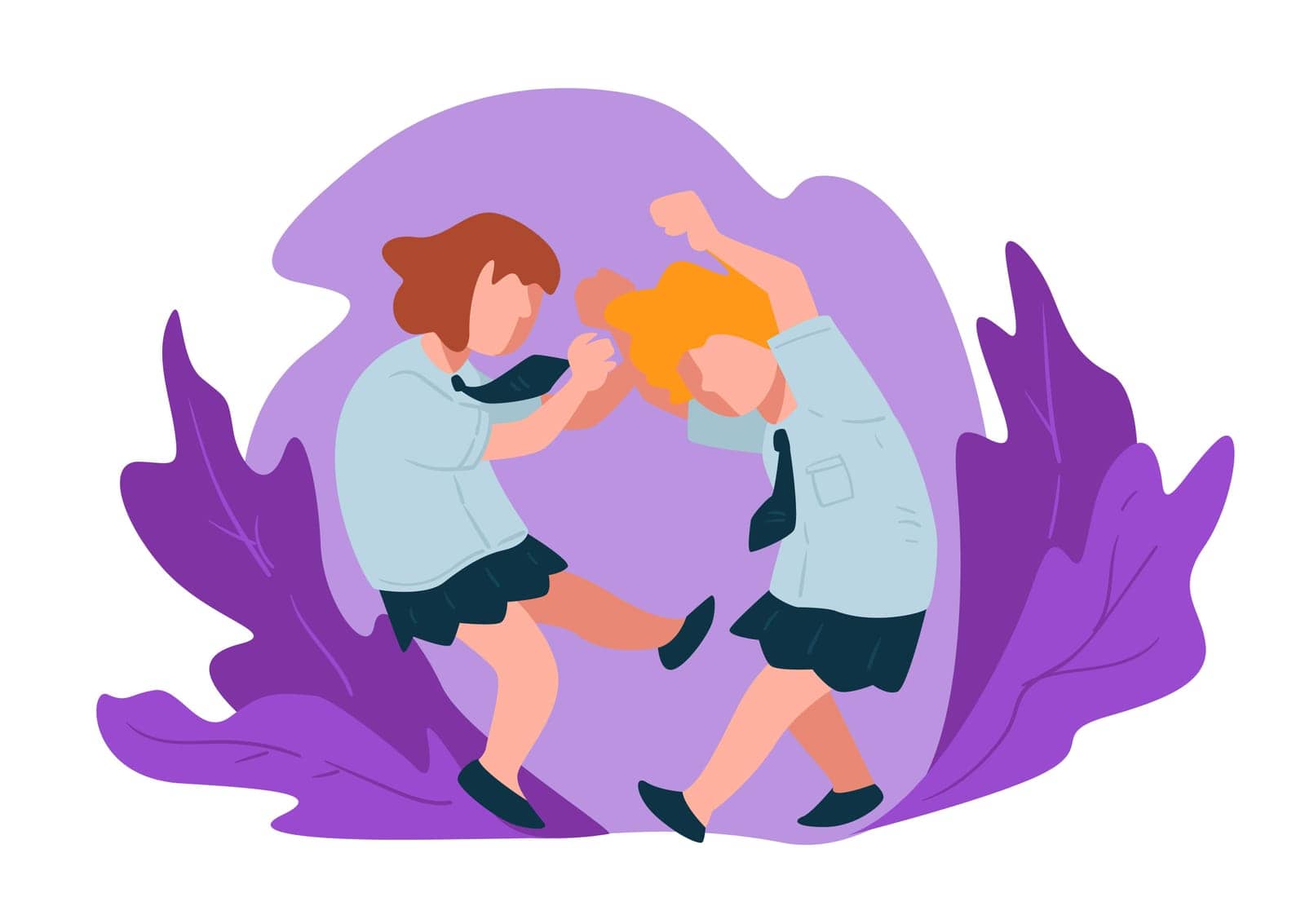 Bully kid at school or home, aggressive behavior of children. Beating fighting children pulling hair and giving punches. Violent teenager hitting victim in face and body, vector in flat style