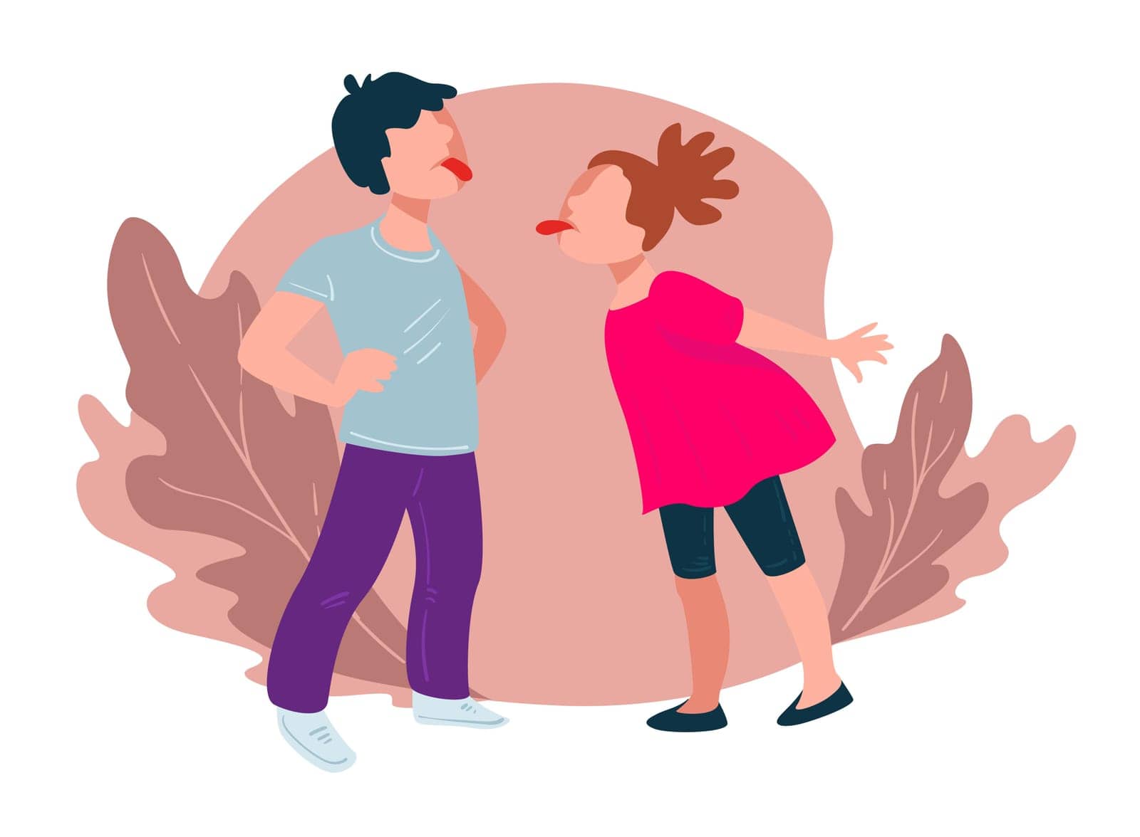 Brother and sister being disobedient, behaving bad. Girl and boy showing tongues, teasing each other. Children at school, kindergarten or home. Conflict or disagreement of pupils vector in flat style