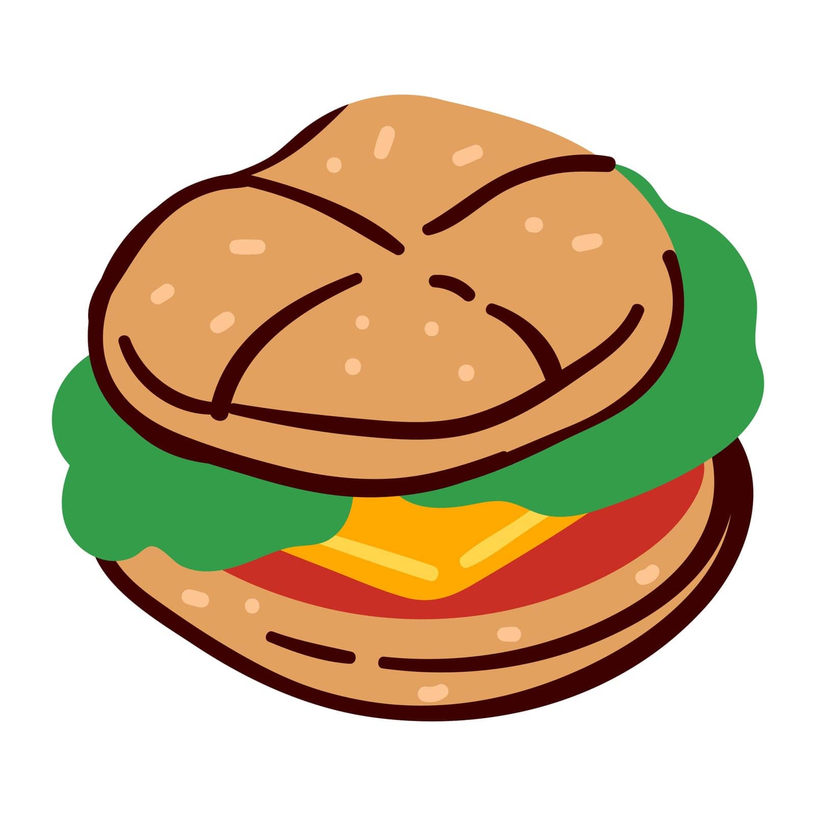 Sandwich or cheeseburger served in restaurant or diner. Isolated icon of prepared food, snack in menu. Bun with salad leaves, tomato slice and cheese. Prepared takeaway meal, vector in flat style