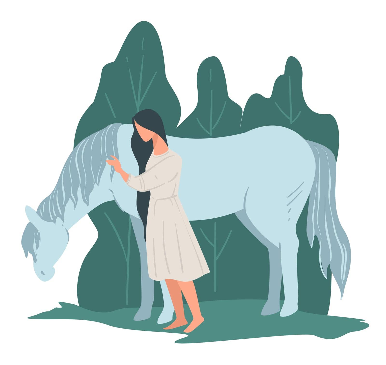 Woman standing by horse, riding or racing hobby. Landscape with female character hugging mare or stallion. Personage surrounded by natural calm, forest with trees and foliage, vector in flat style