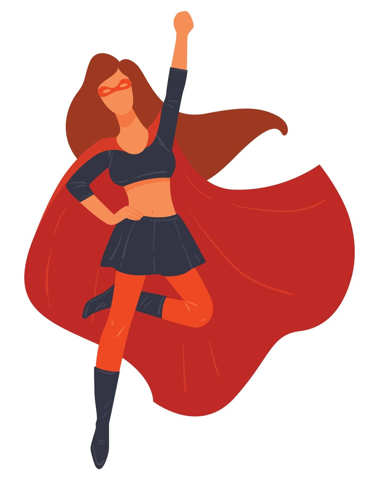 Female character wearing carnival costume of wonder woman. Isolated super hero girl personage with mask and cape, clothing for action game play or halloween celebration. Vector in flat style