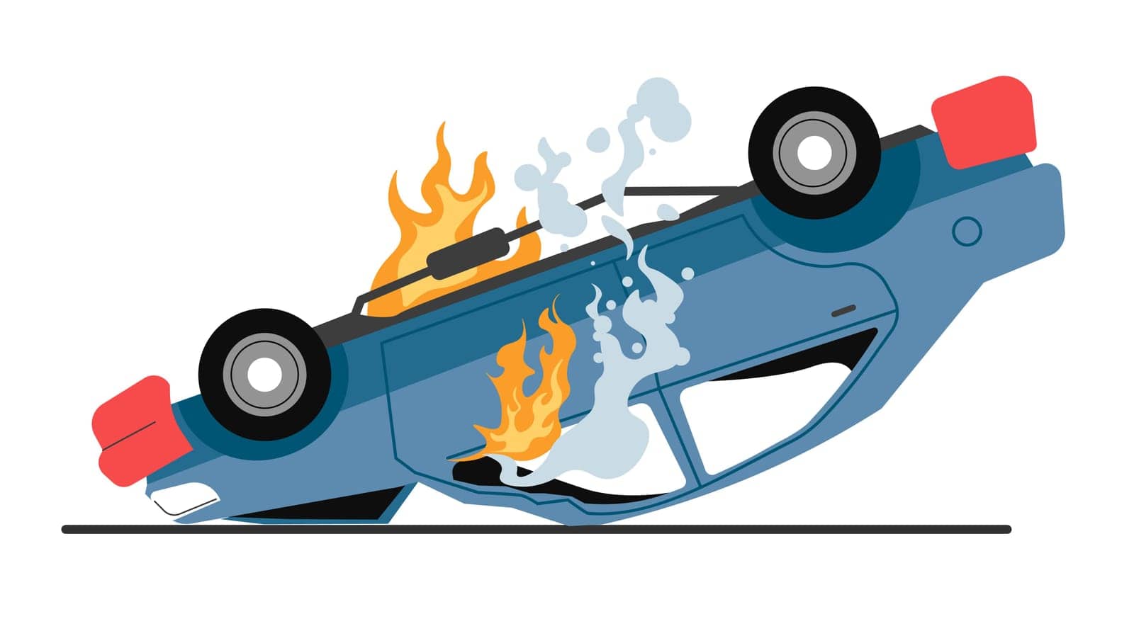 Damaged car burning on road, isolated vehicle with flames and smoke. Road incident, vehicle crash or traffic accident. Catastrophe on highway, dangerous automobile break. Arson or vandalism vector
