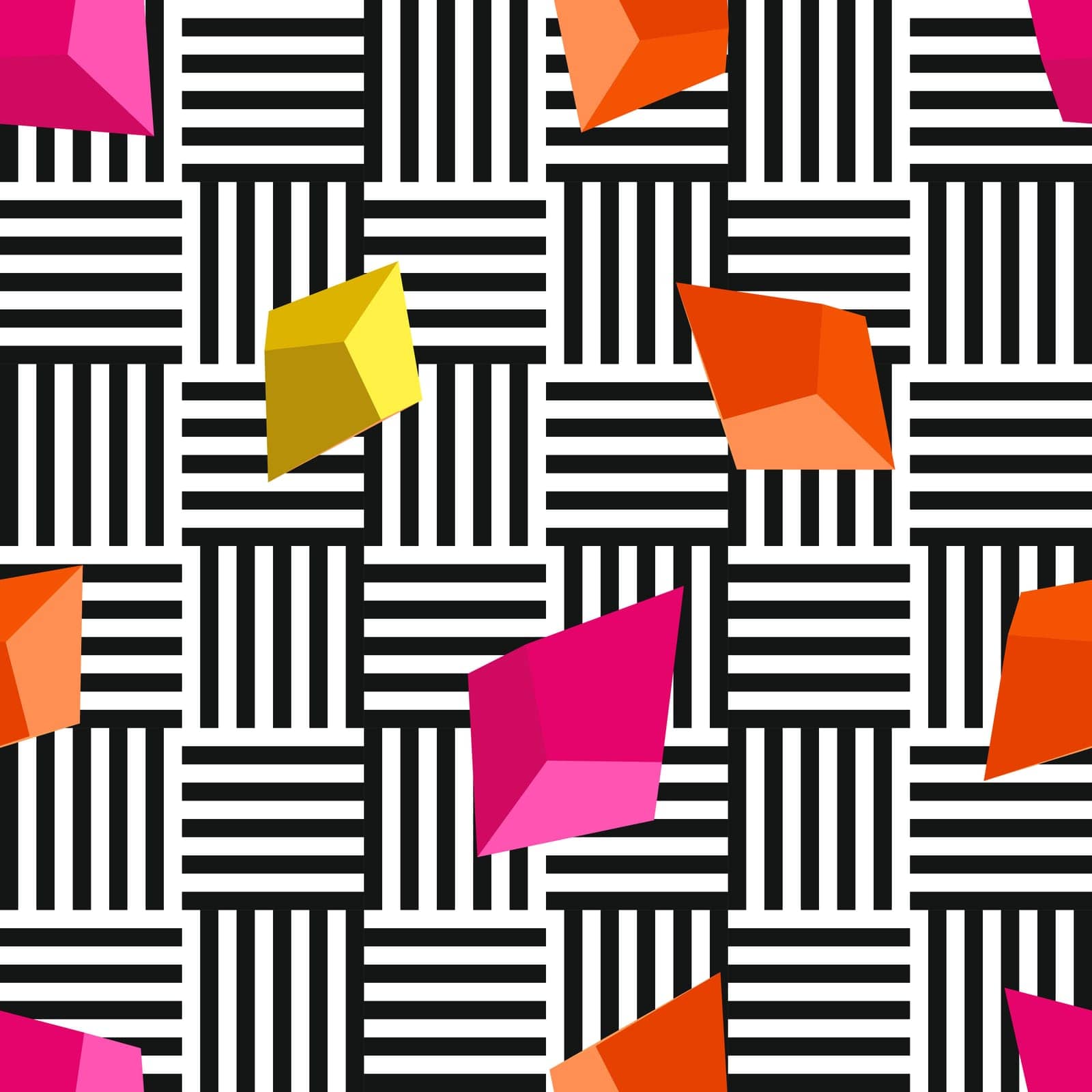 vector seamless pattern with yellow and pink diamonds and black wavy lines on white background