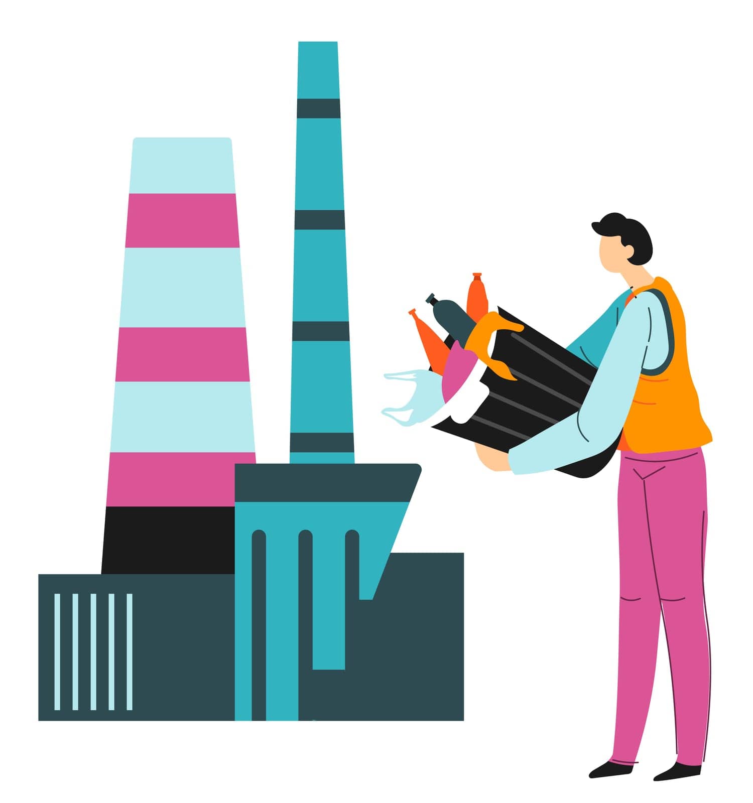 Worker or volunteer dumping waste to recycling factory. Personage caring for nature and pollution problem. Separating plastic and paper litter, reduction of garbage level, vector in flat style