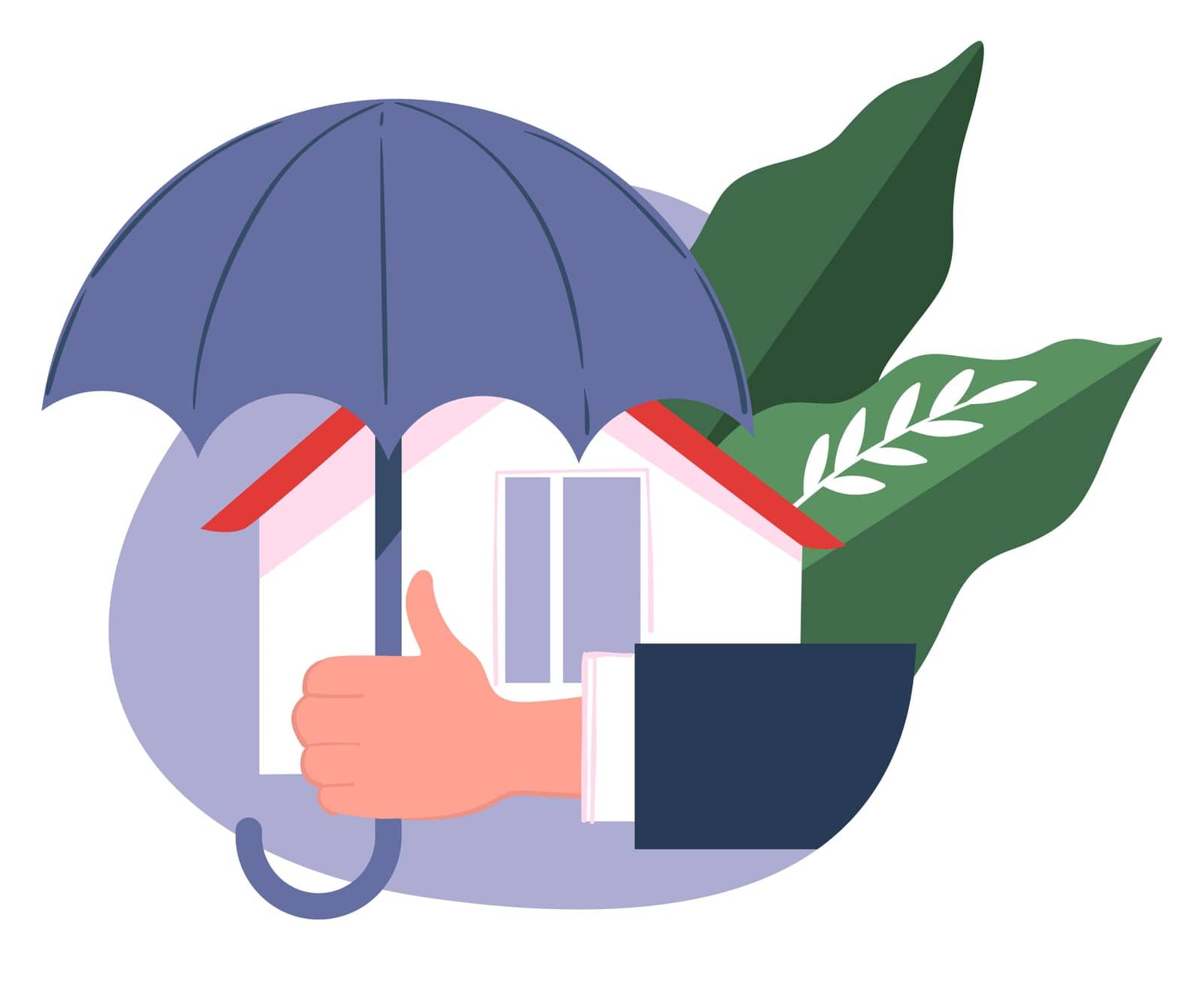 Protection and coverage of expenses for damages of real estate. Insurance company label or logotype. Security and guarantee for safety. House and umbrella, shield and help, vector in flat style