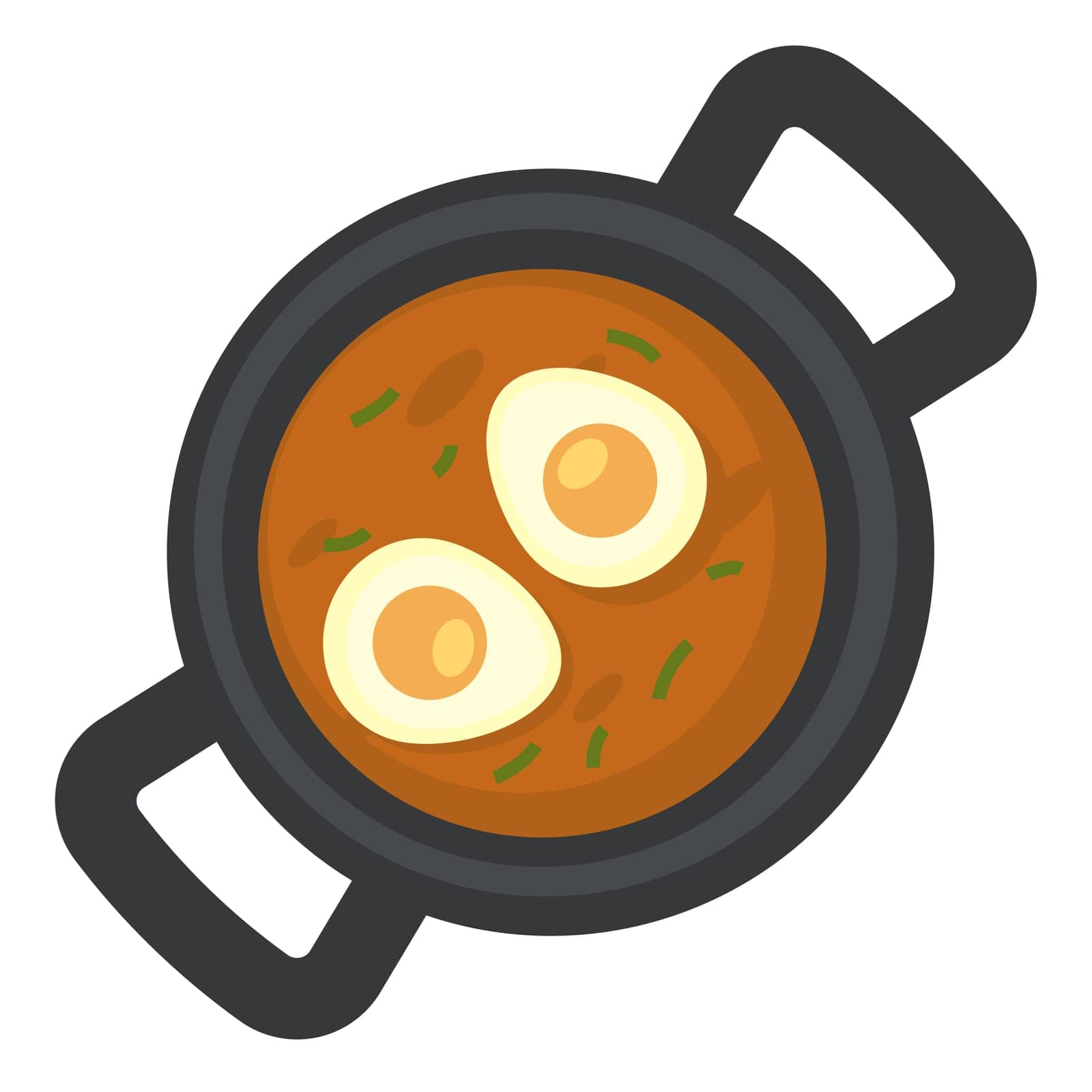 Traditional cuisine of turkey and arabic countries. Isolated icon of pan with omelet, fried menemen. Tasty dish made of veggies tomatoes and greenery. Recipe for restaurant menu. Vector in flat style