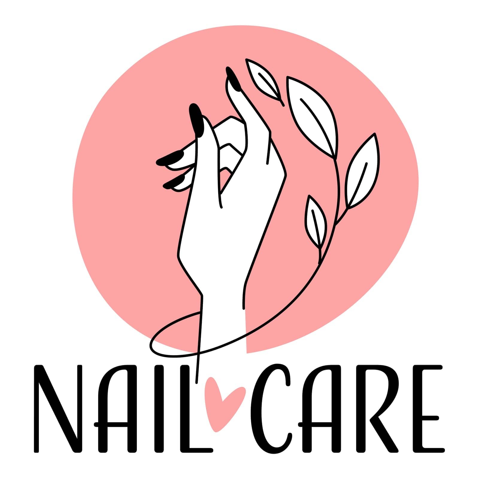 Manicure and pedicure salon, isolated logotype or emblem for nail studio. Elegant female hand with decorative foliage. Procedure by specialist or master. Relaxing services. Vector in flat style