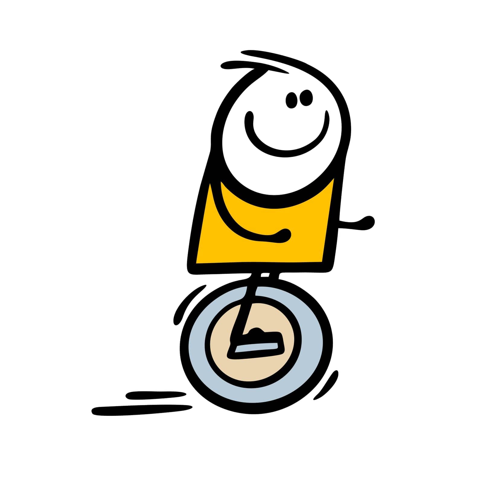 Young stickman guy rushes on a monowheel without a helmet and protection. Vector illustration of dangerous children fun. Wheel as a means of transportation. Funny character isolated.
