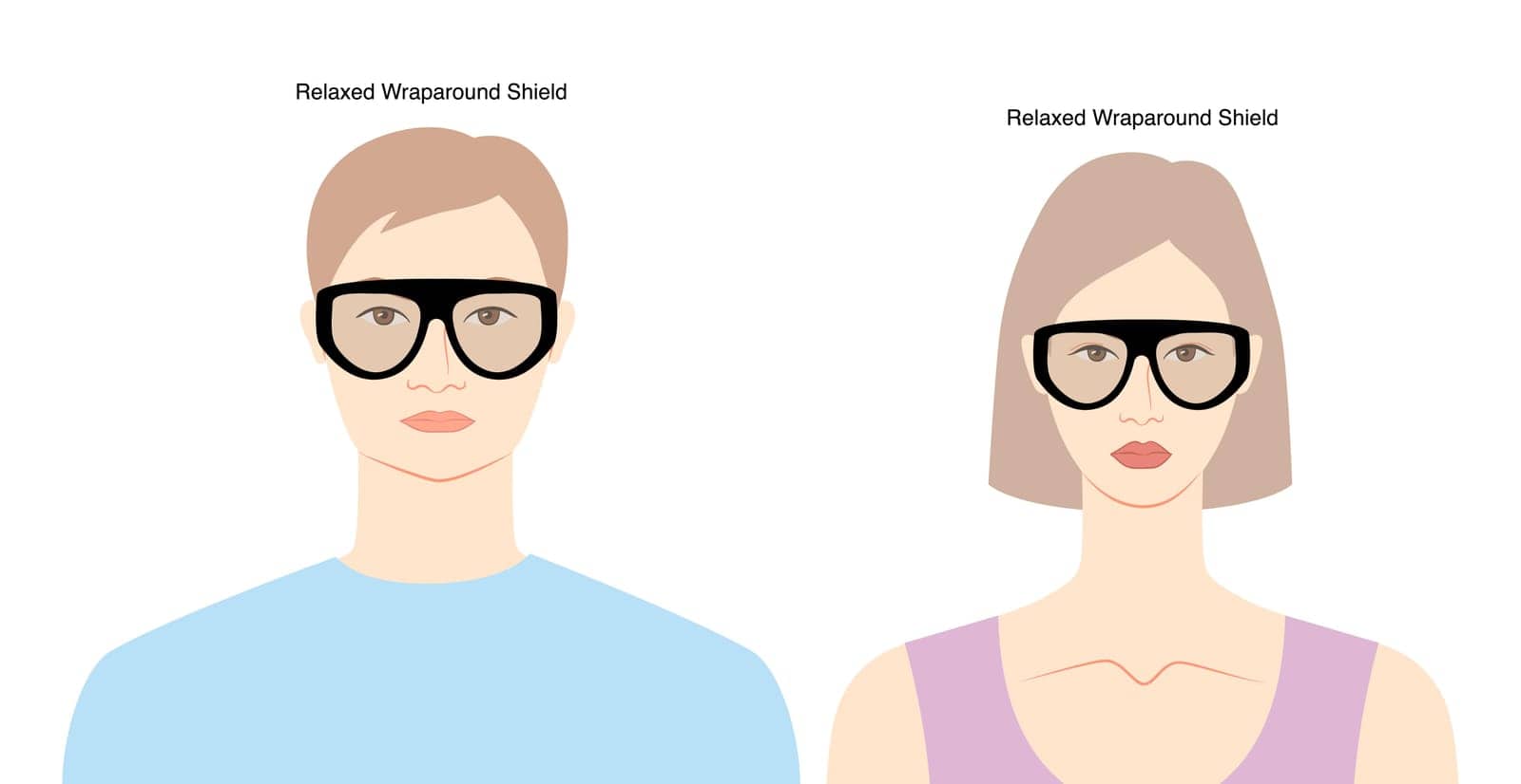 Relaxed Wraparound Shield frame glasses on women and men flat character fashion accessory illustration. Sunglass by Vectoressa