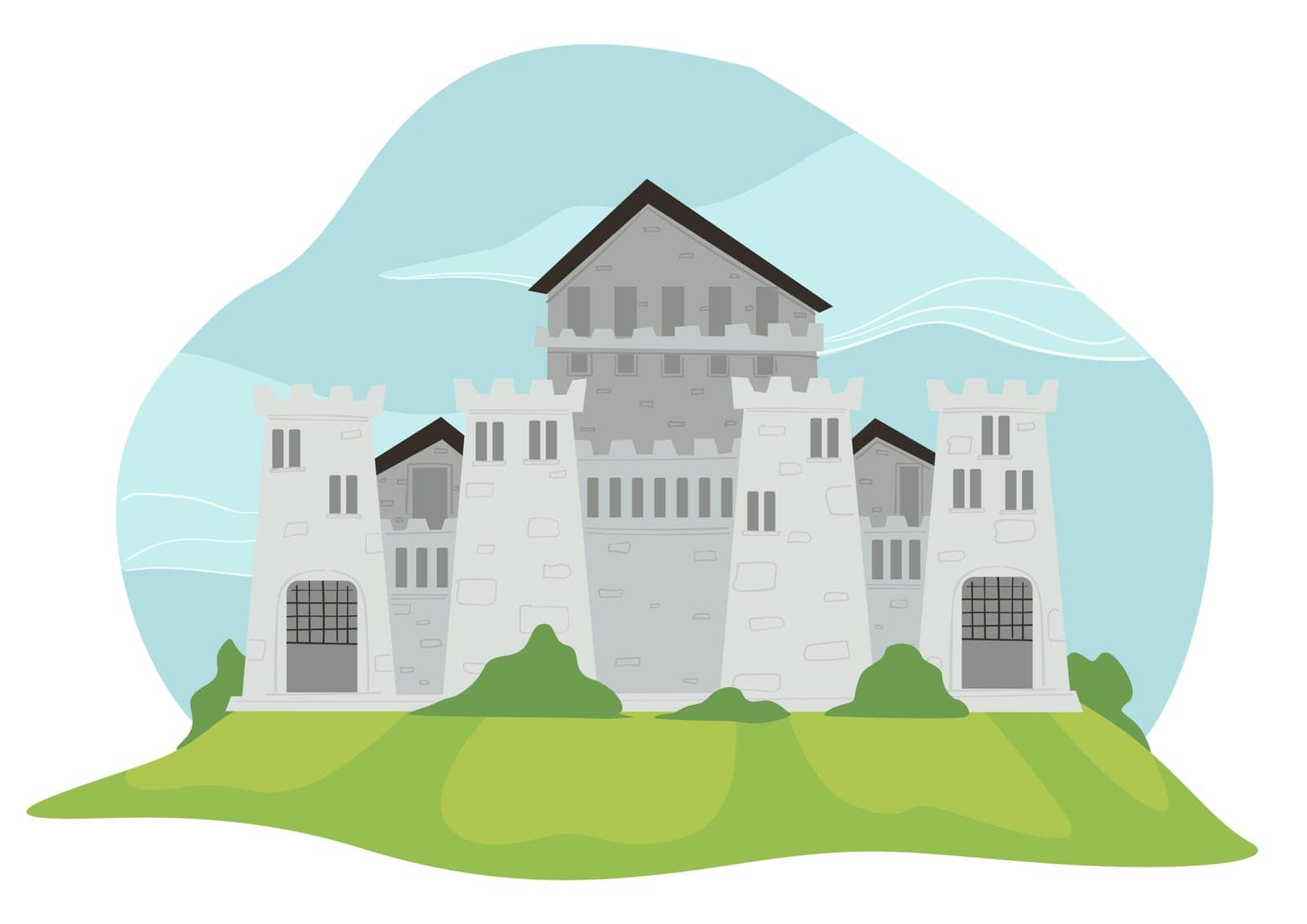Fortress or stone castle, fortification and thick walls and towers. Kingdom of queen and king, fairy tale stories architecture. Sightseeing in historic part of city. Antique building. Vector in flat