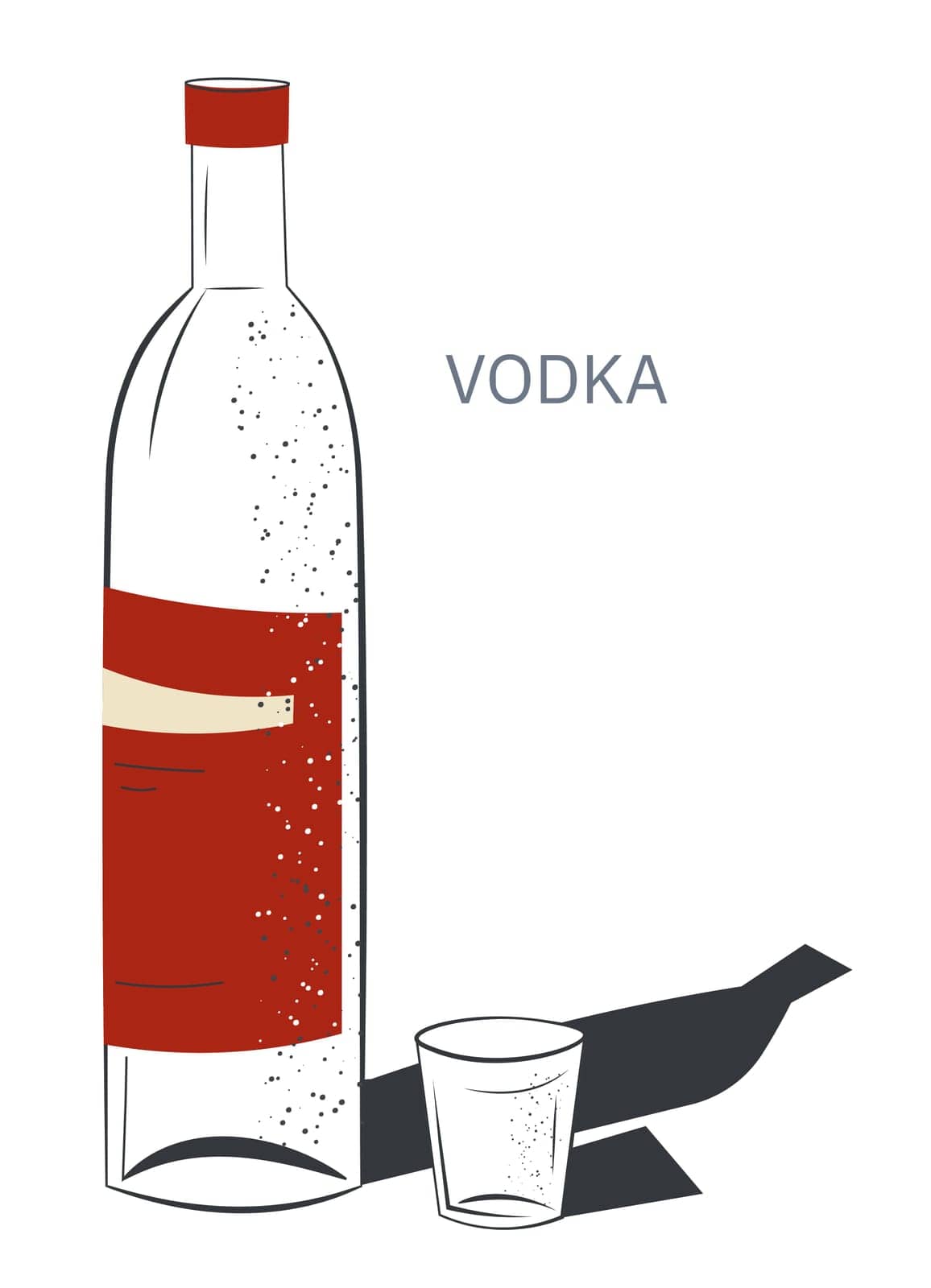 Russian vodka in bottle with label and shot glass. Traditional alcohol of Russia, drinking alcoholic beverage in pub. Moonshine booze icon. Menu for restaurants or bars. Vector in flat style