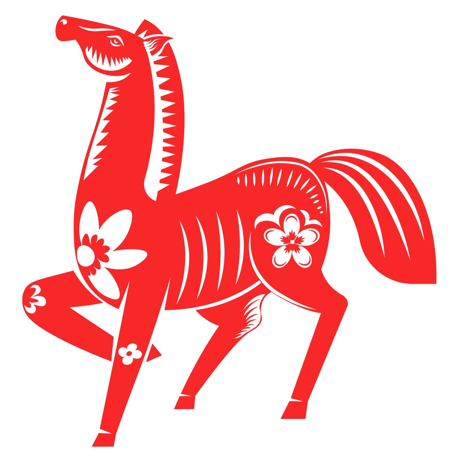 Asian astrological sign, isolated horse papercut decorated with blooming flowers. Fortune and prosperity for new year. Oriental culture. Chinese horoscope sign, red icon vector in flat style