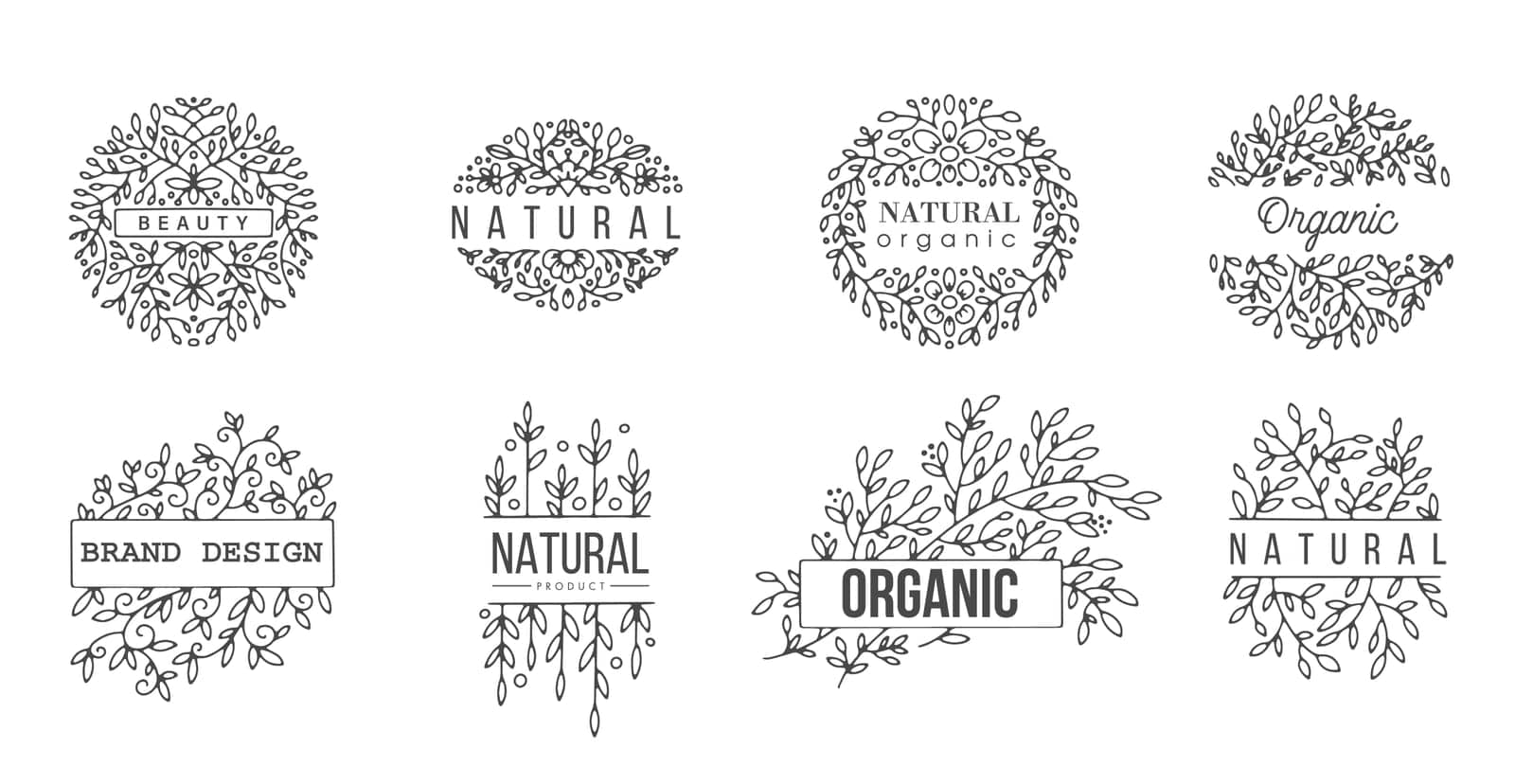 Flower ornaments and decorative elements of flora, isolated circles with inscription. Logotypes or emblems, labels with branches and colorless foliage. Monochrome sketch outline, vector in flat style