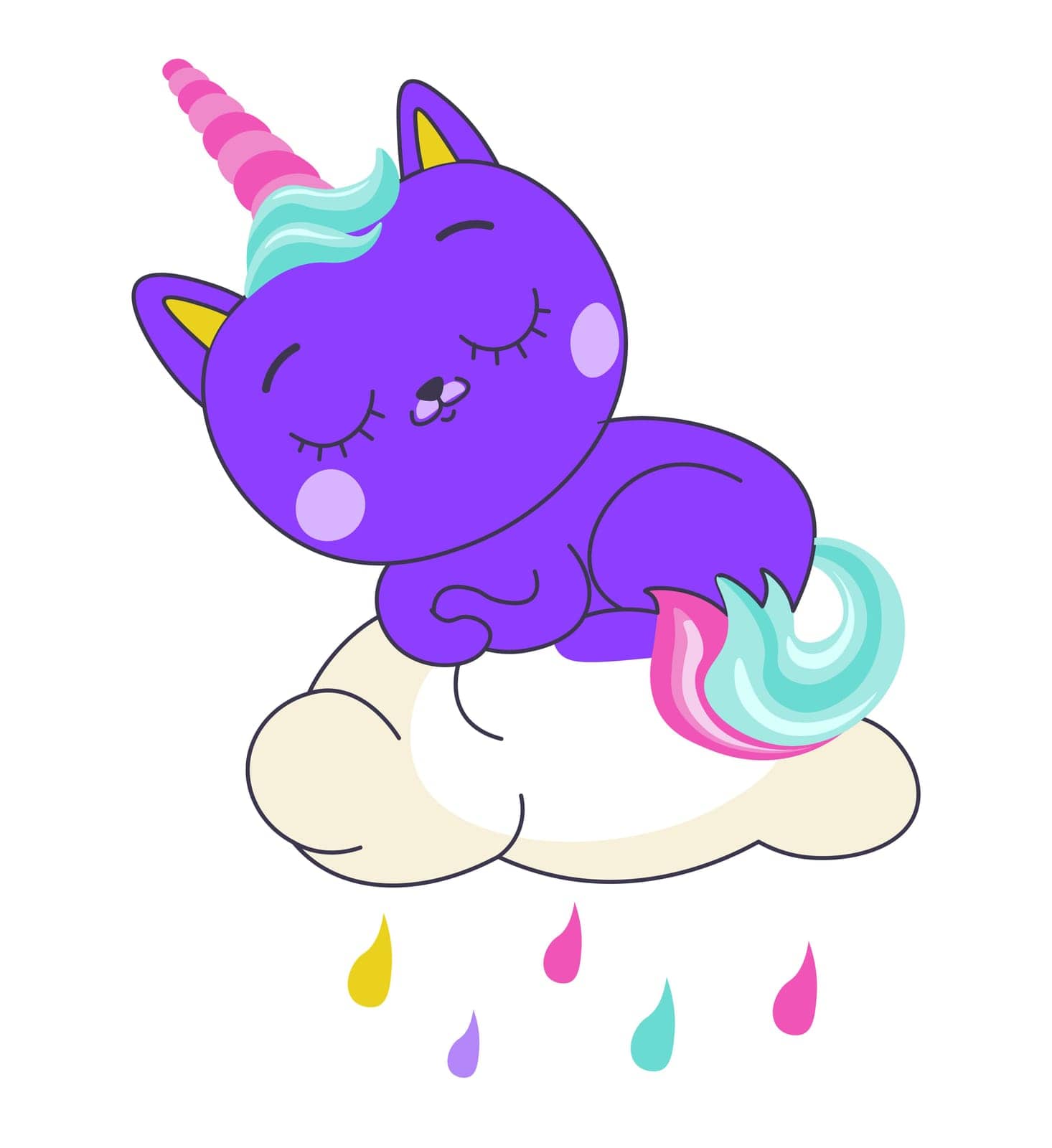 Kitty with unicorn horn and rainbow tail sleeping or taking nap on fluffy cloud with raindrops. Cloudscape and colorful rain, isolated cute mascot, character or sticker. Vector in flat style