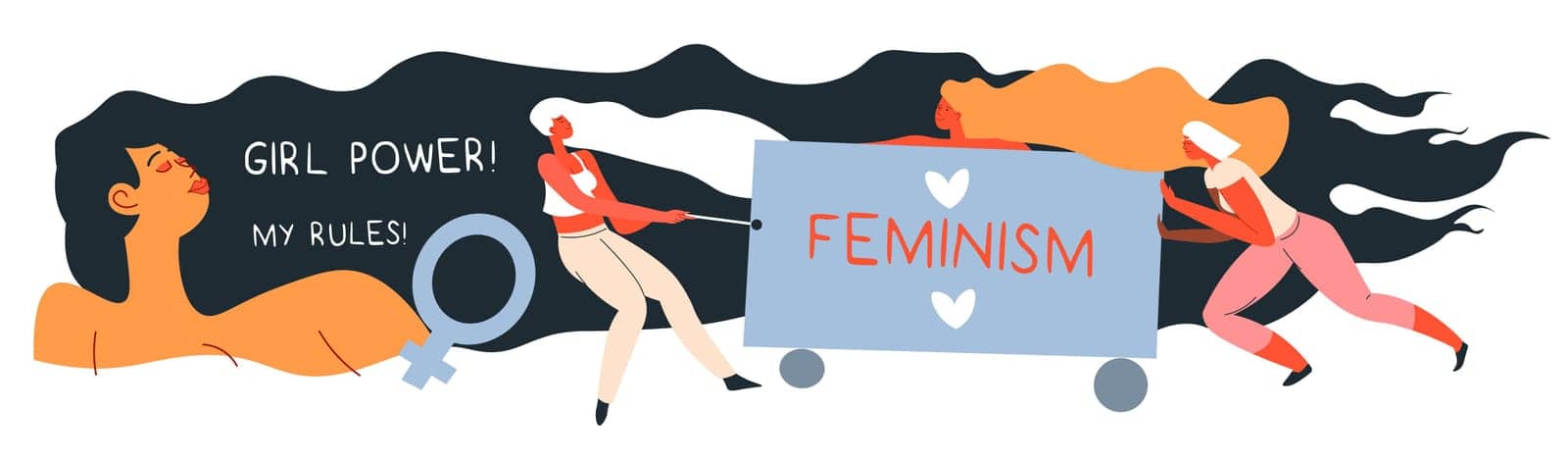 Fighting for women rights and empowerment. Ladies protesting against discrimination and inequality. Inspiration for ladies. Feminist movement and activists with protest. Vector in flat style