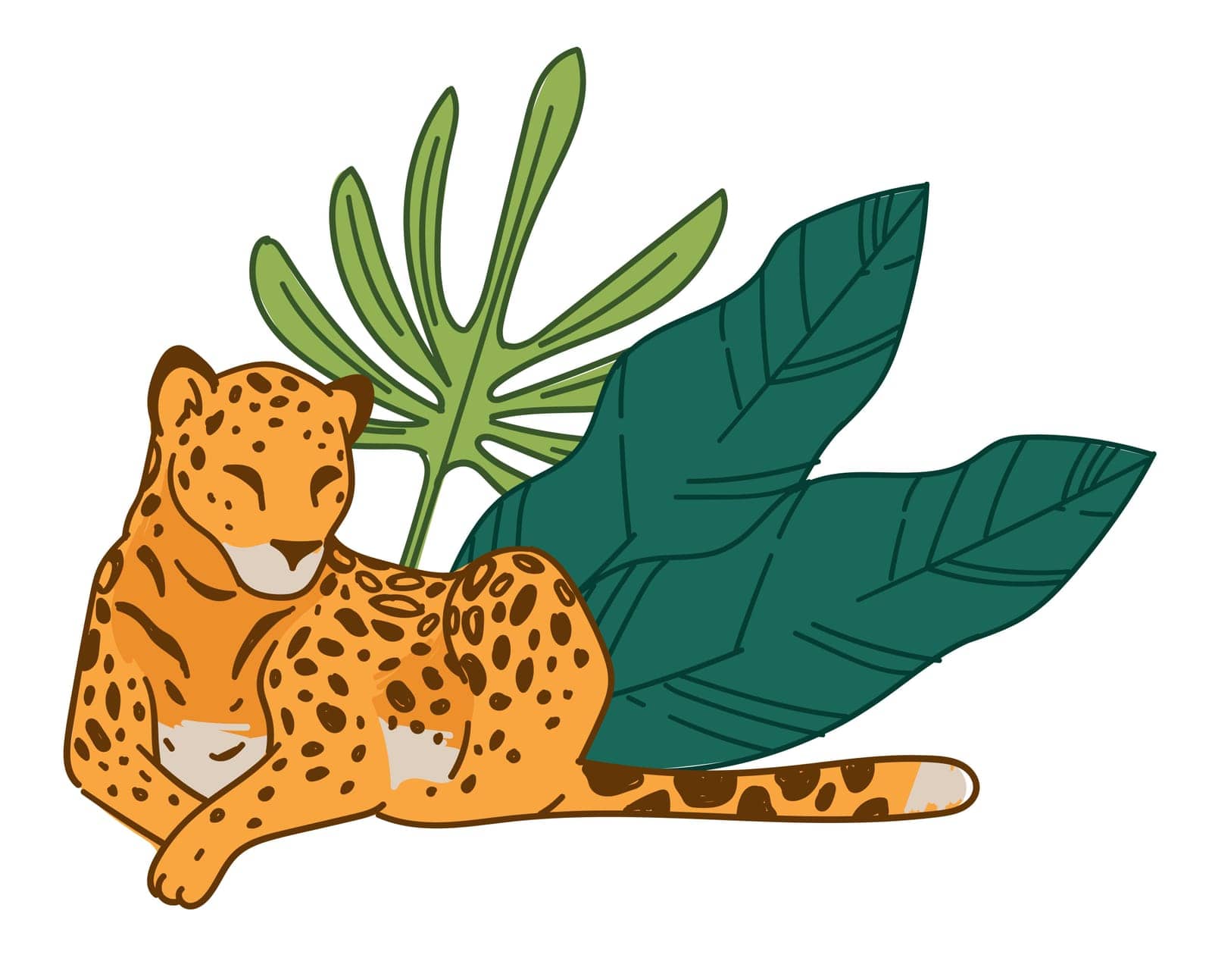 Panther laying by wide floral leaves of plant, isolated mammal animal with spots on fur. Jungle or savannah, african habitat of feline wild cat. Exotic forest or rainforest. Vector in flat style