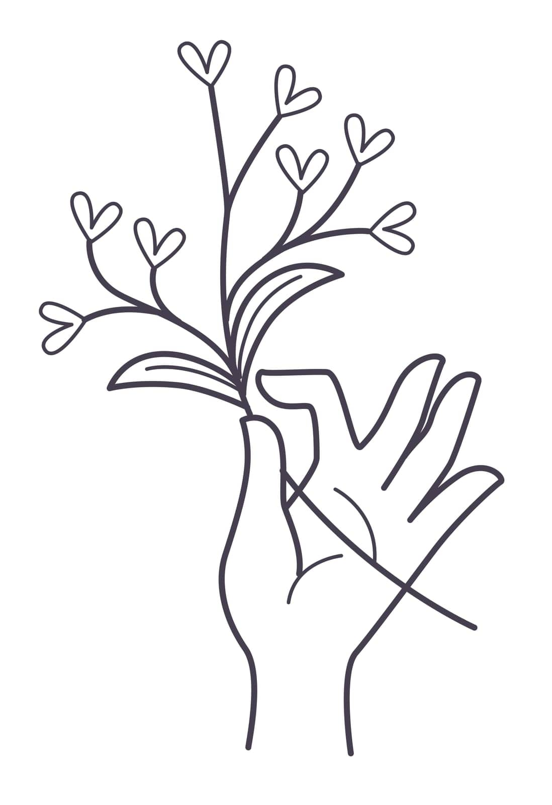 Female hand holding decorative branch with leaves, isolated minimalist icon of magic herb or flower. Vintage witchcraft symbol, amulet of healing botanical plant. Colorless line art, vector in flat