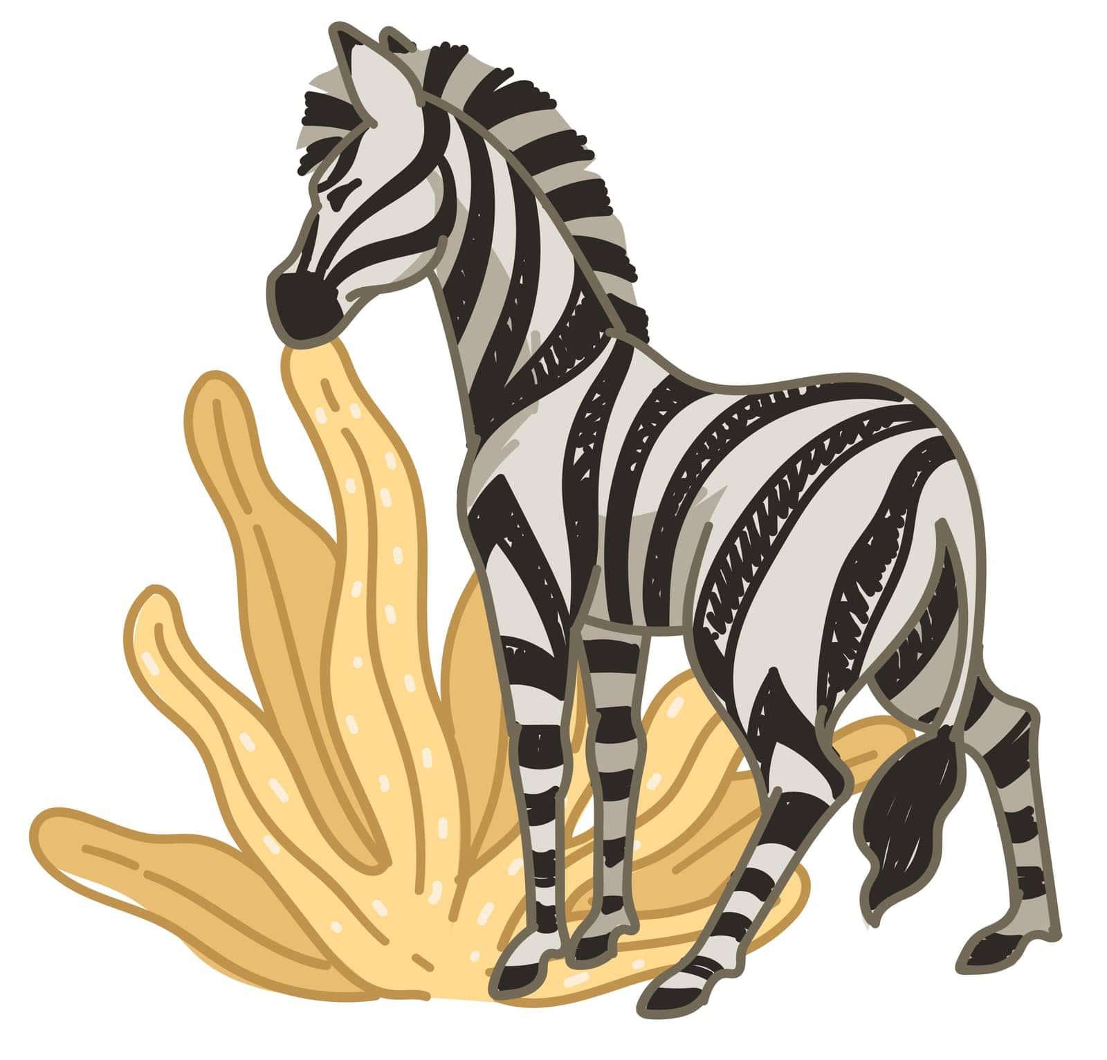 Zoo or natural reservation for animals to protect wildlife. Isolated zebra with stripes eating bush with dry yellow leaves. Savannah or africa hot climate, flora and fauna. Vector in flat style