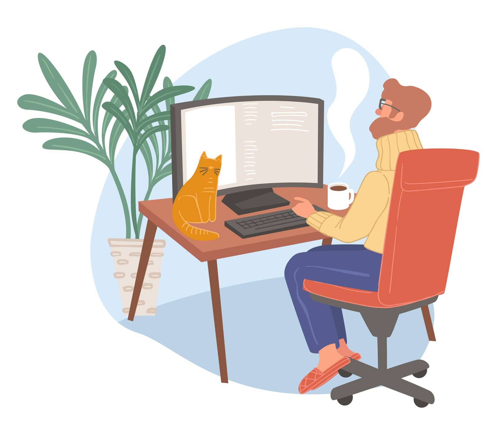 Male character working from home as freelancer using personal computer for tasks and projects completion. Man sitting with cat pet. Worker at workplace during quarantine. Vector in flat style