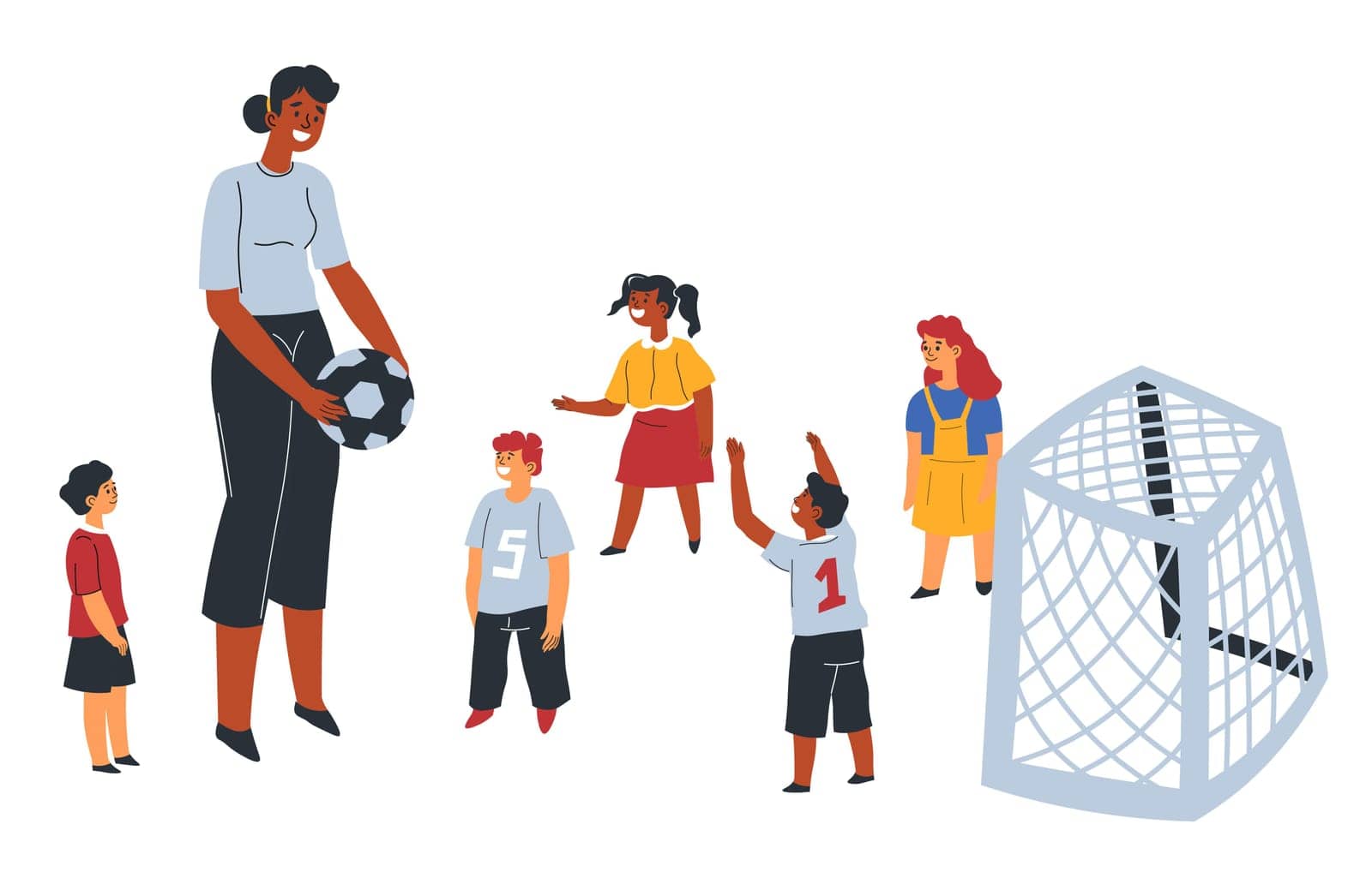 Teacher in school or kindergarten teaching kids to play football. Pupils in uniform looking at tutor. Physical education lesson and improvement of health of students at classes. Vector in flat style