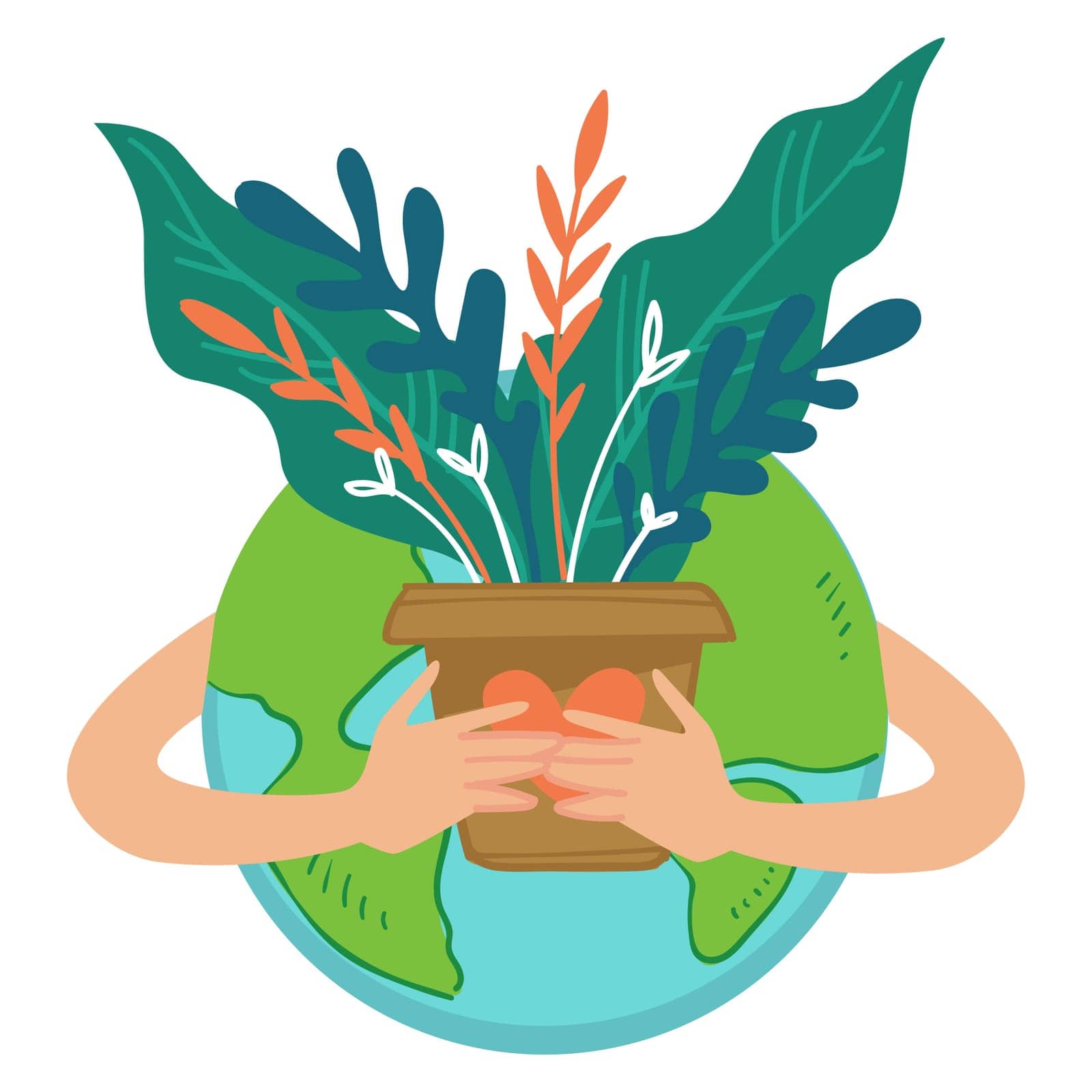 Caring for nature and natural resources of planet earth. hands holding potted plant with lush flora and leaves. Protection and conservation of ecosystem. Ecology and health. Vector in flat style