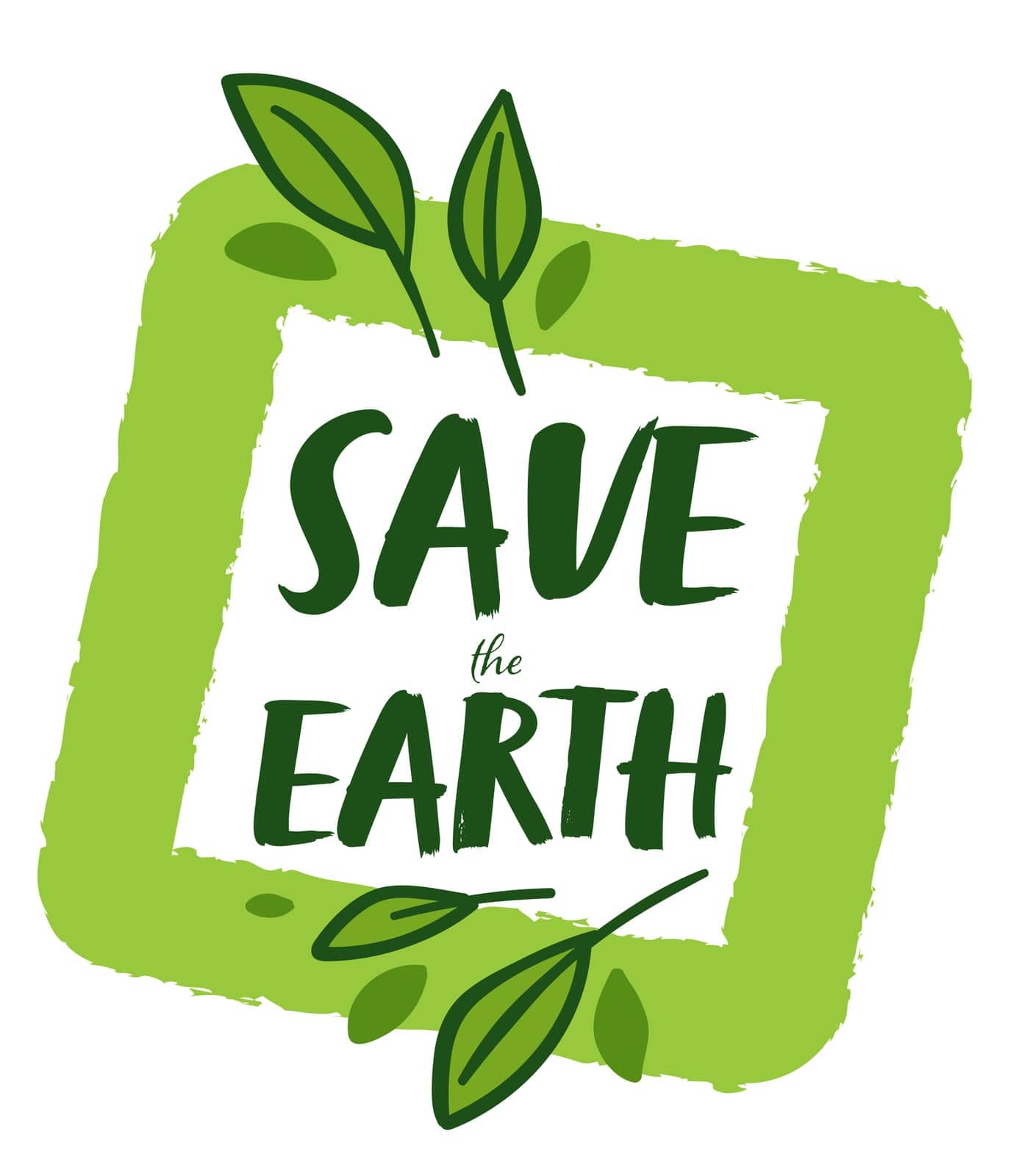 Caring for nature and ecology of planet, save earth banner with geometric shape and green leaves. Logotype or emblem for volunteering organization or organic bio products. Vector in flat style