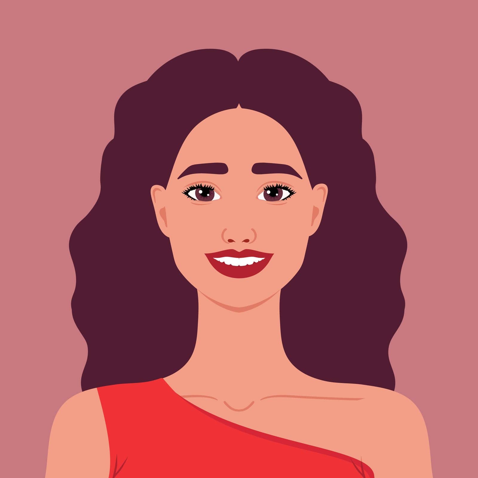 Beautiful smiling woman in red dress. Portrait or an avatar of a pretty and cheerful female. Vector illustration by psychoche