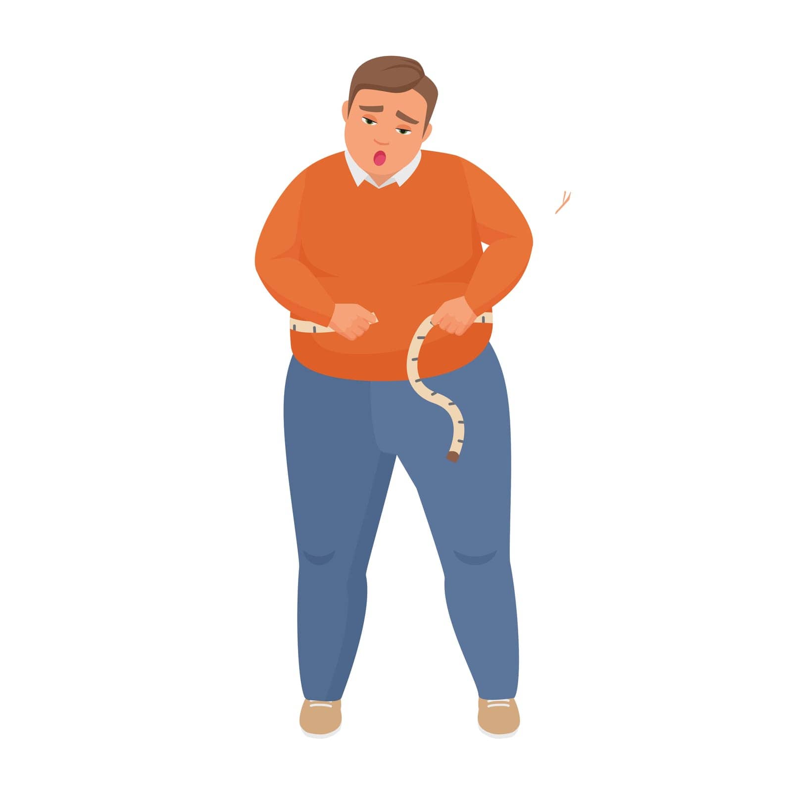 Fat man measuring waist. Obese man with measure tape, chubby boy vector cartoon illustration