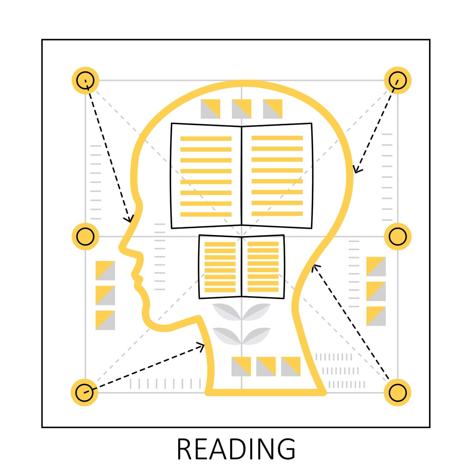 Reading and learning books. Cleverly mind, self skills development vector illustration